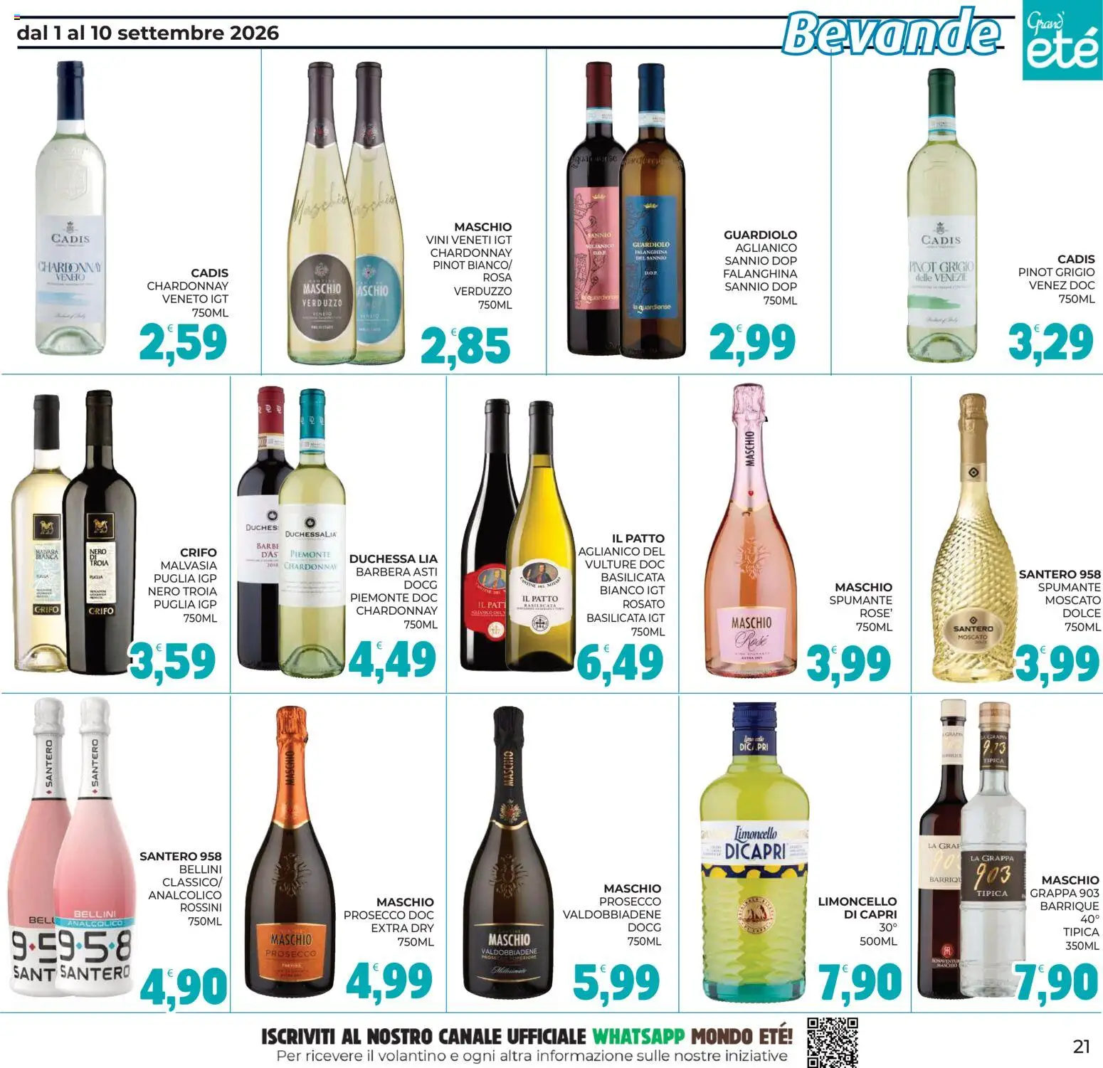 Volantino Eté del 01/09/2026 | Pagina: 21 | Prodotti: Prosecco, Spumante, Limoncello, Grappa
