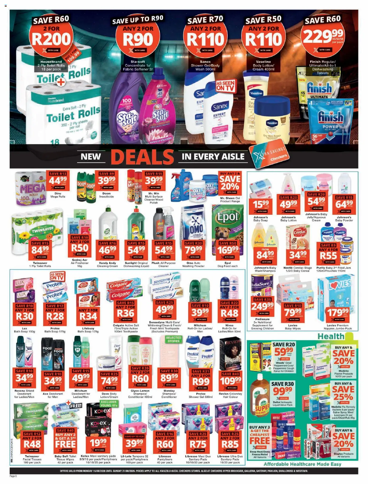 New Checkers catalogue – valid from 15.06.2026 | Page: 8 | Products: Toilet, Pads, Salt, Dishwashing liquid