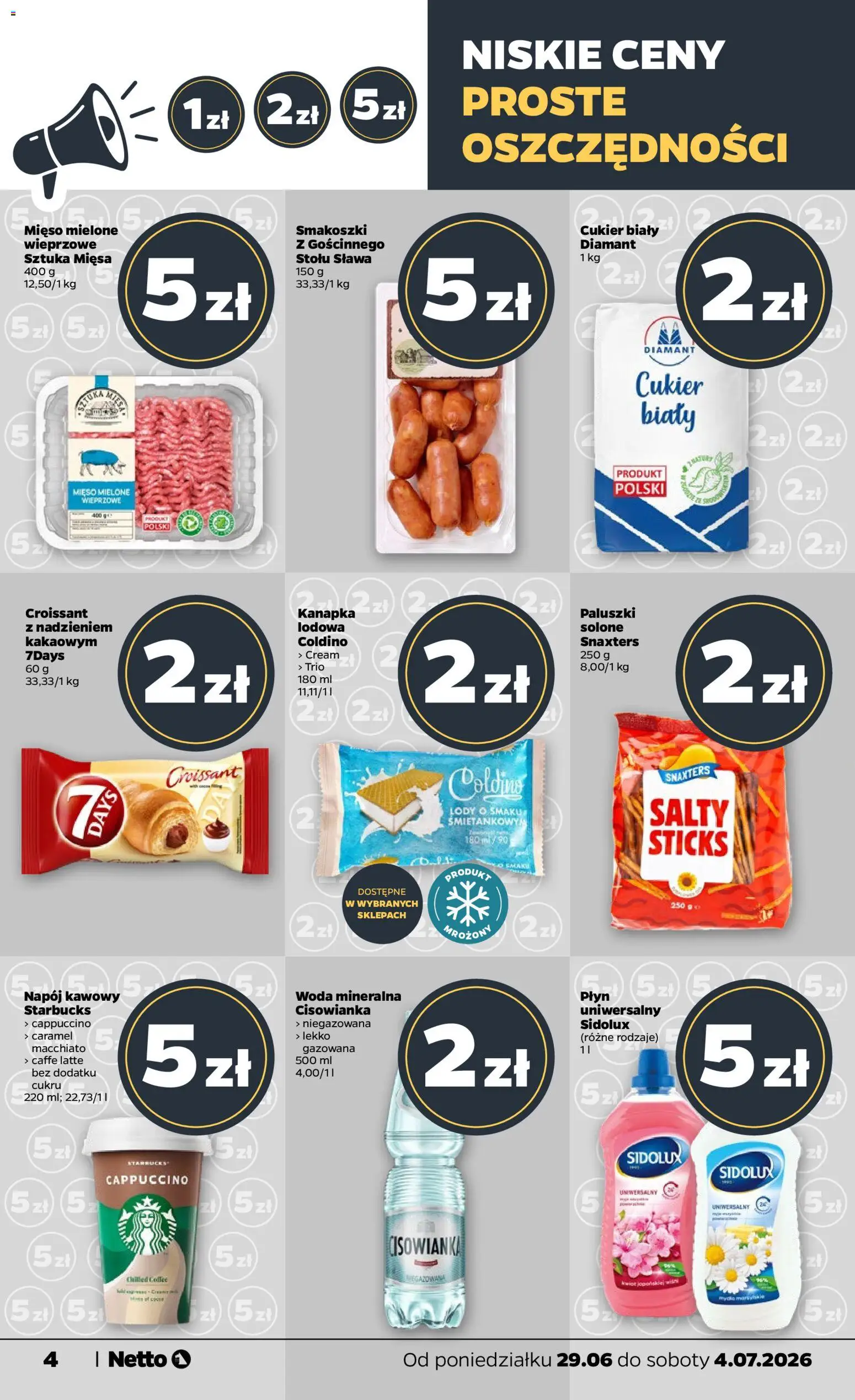 Netto gazetka od poniedziałku spożywcza od 29.06.2026 | Strona: 4 | Produkty: Sandwich, Paluszki, Lody, Cukier