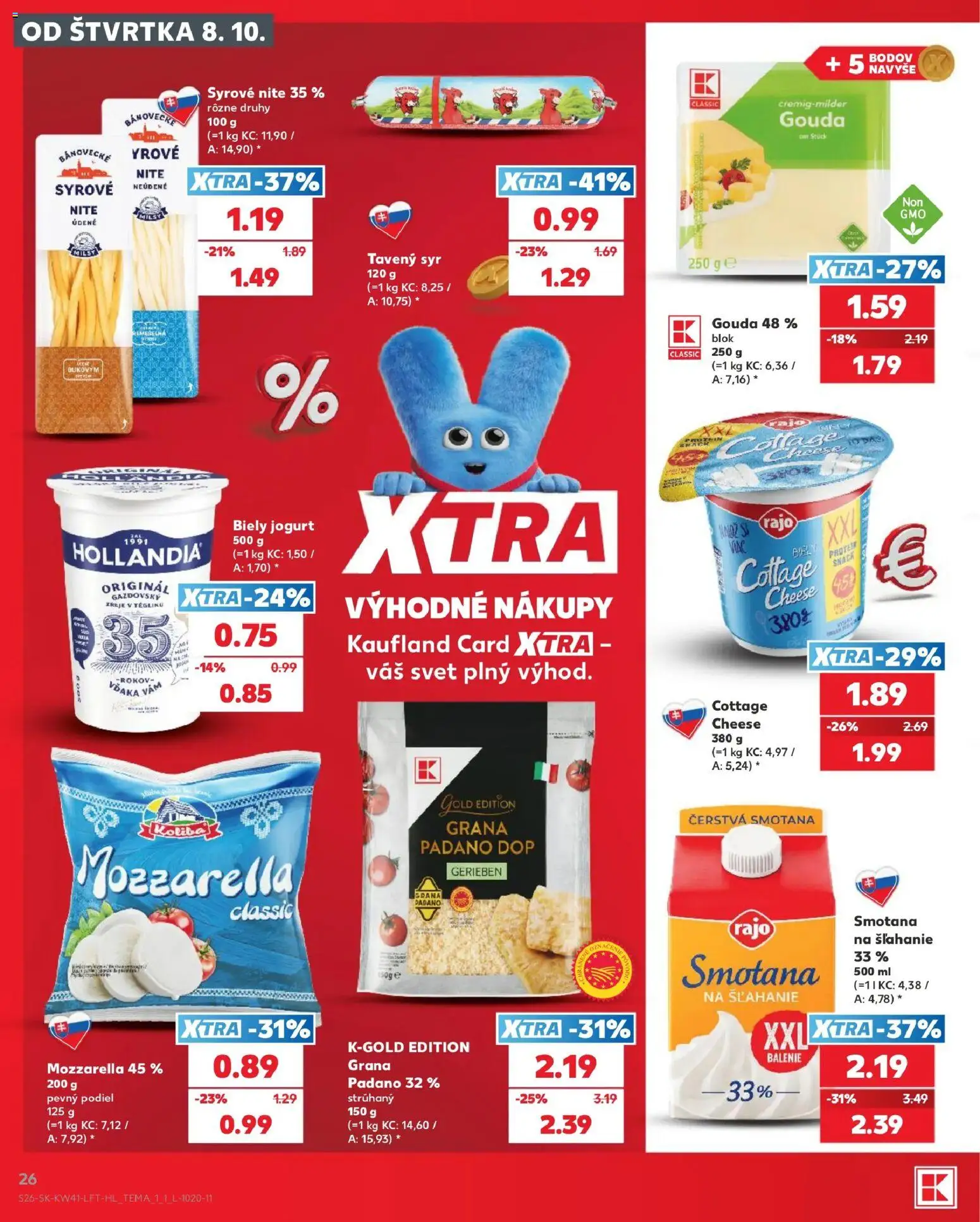 Nové Kaufland akcie – leták je platný od 08.10.2026 | Strana: 26 | Produkty: Jogurt, Gouda, Cottage cheese, Smotana na šľahanie