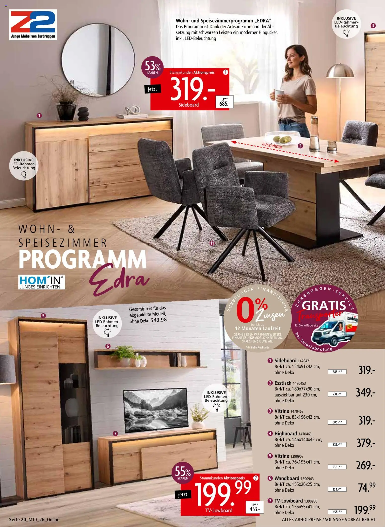 Zurbrüggen Mitnahme Möbel – gültig ab 08.08.2026 | Seite: 20 | Produkte: Sideboard, Wandboard, Esstisch, Vitrine