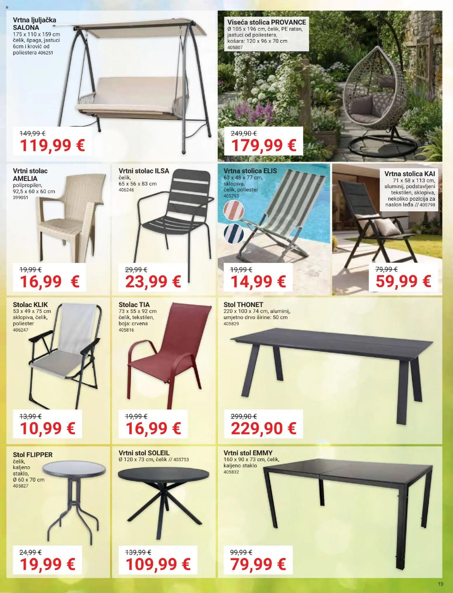 Pevex katalog | vrijedi od 03.04.2026 | Stranica: 19 | Proizvodi: Stol, Stolica, Košara, Ljuljačka
