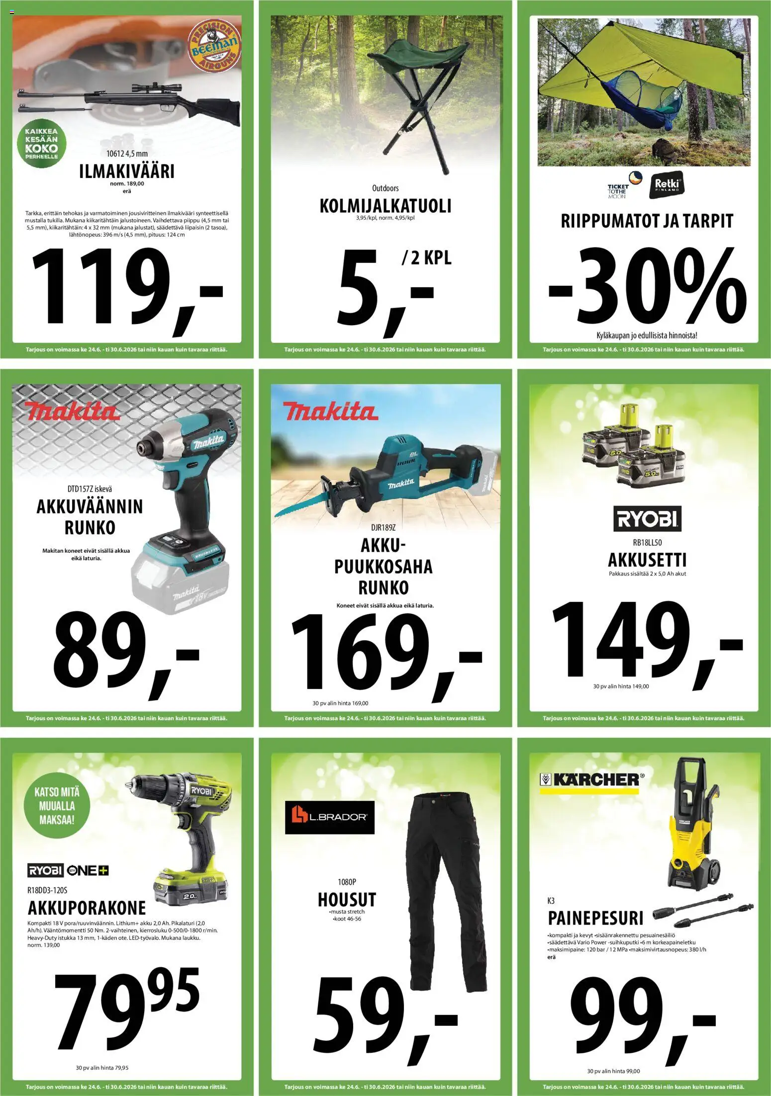 Tuuri tarjoukset – voimassa 24/06/2026 alkaen | Sivu: 30 | Tuotteet: Ilmakivääri, Painepesuri, Akku, Housut
