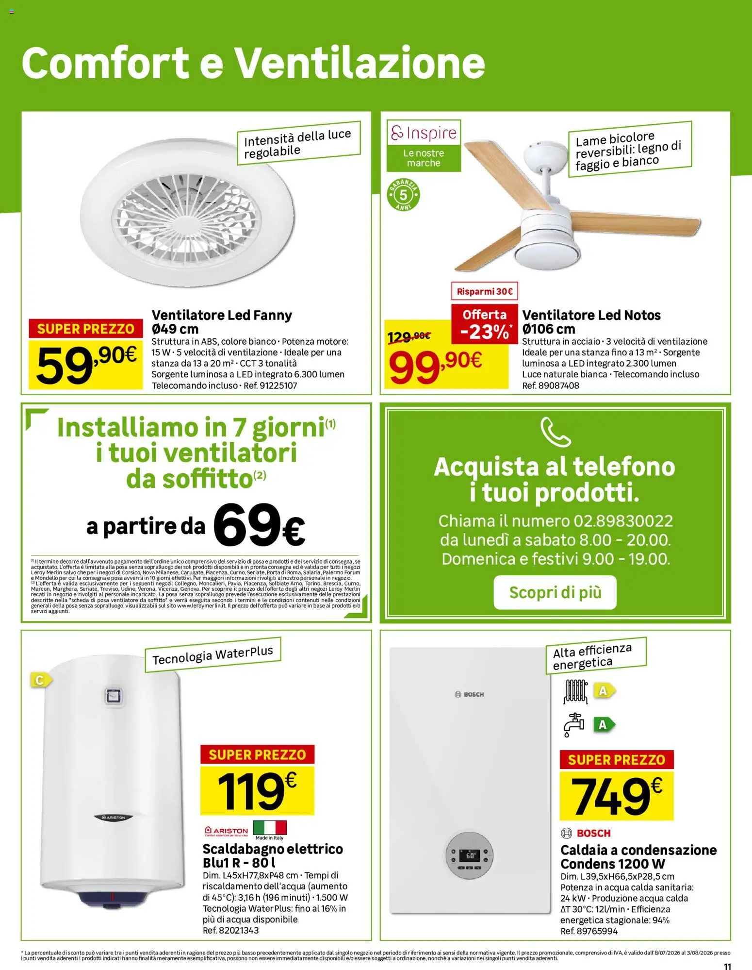 Volantino Leroy Merlin del 08/07/2026 | Pagina: 11 | Prodotti: Ventilatore, Scaldabagno, Caldaia, Acqua