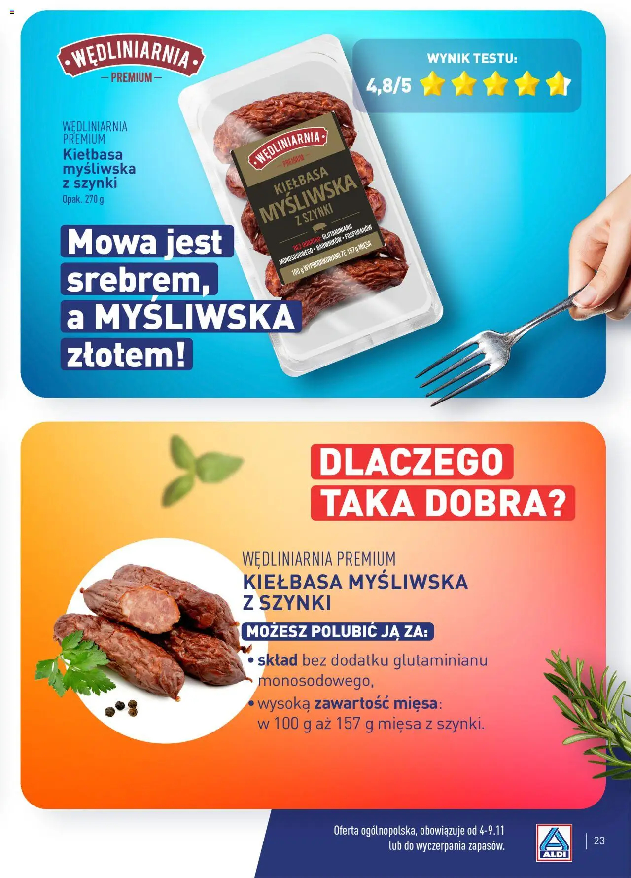 Aldi Gazetka - Wielki test od 04.11.2024 | Strona: 23 | Produkty: Kiełbasa, Myśliwska, Kiełbasa myśliwska