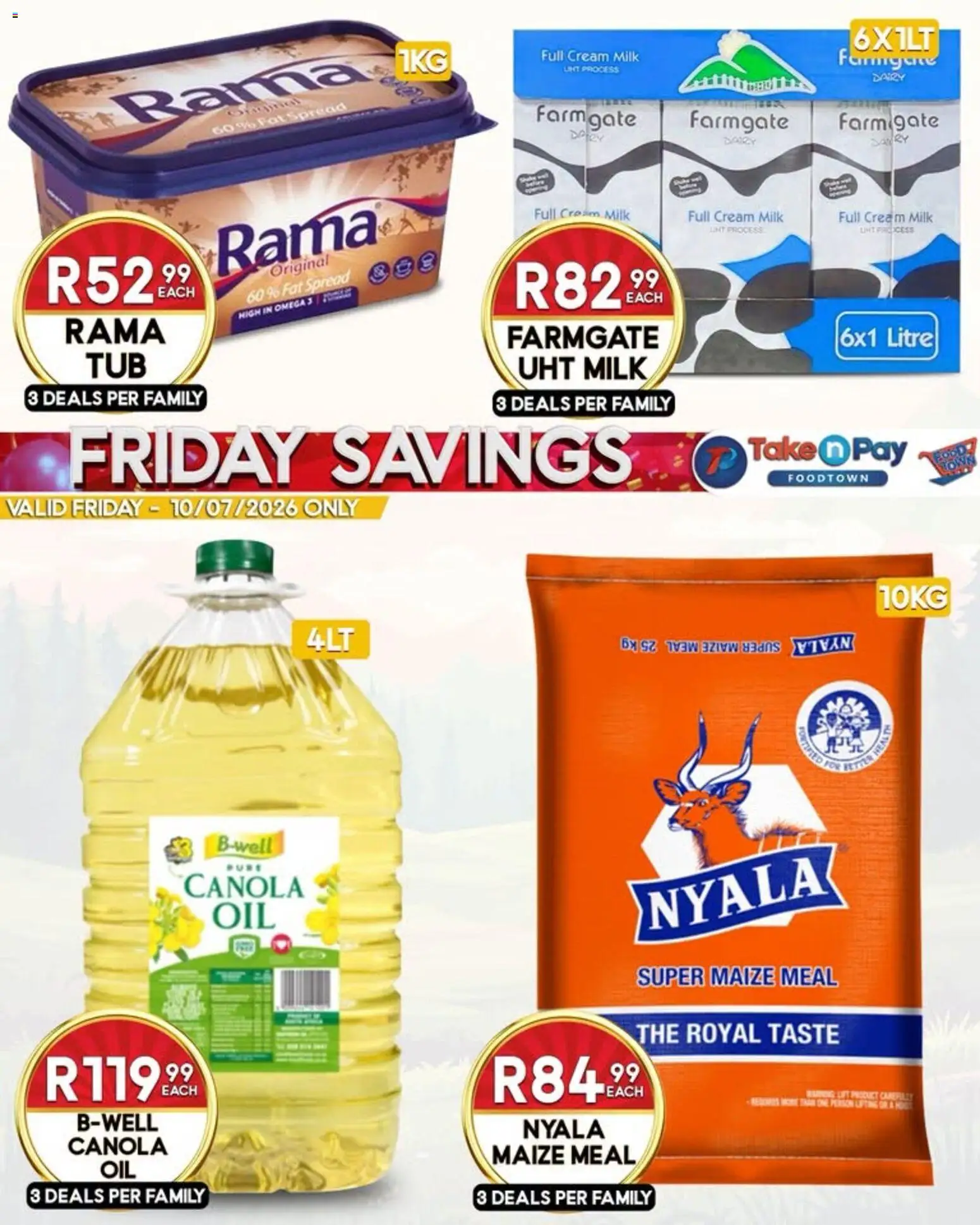 New Take n Pay catalogue – valid from 10/07/2026 | Page: 3 | Products: Maize meal, Gate, Cream, Fat spread