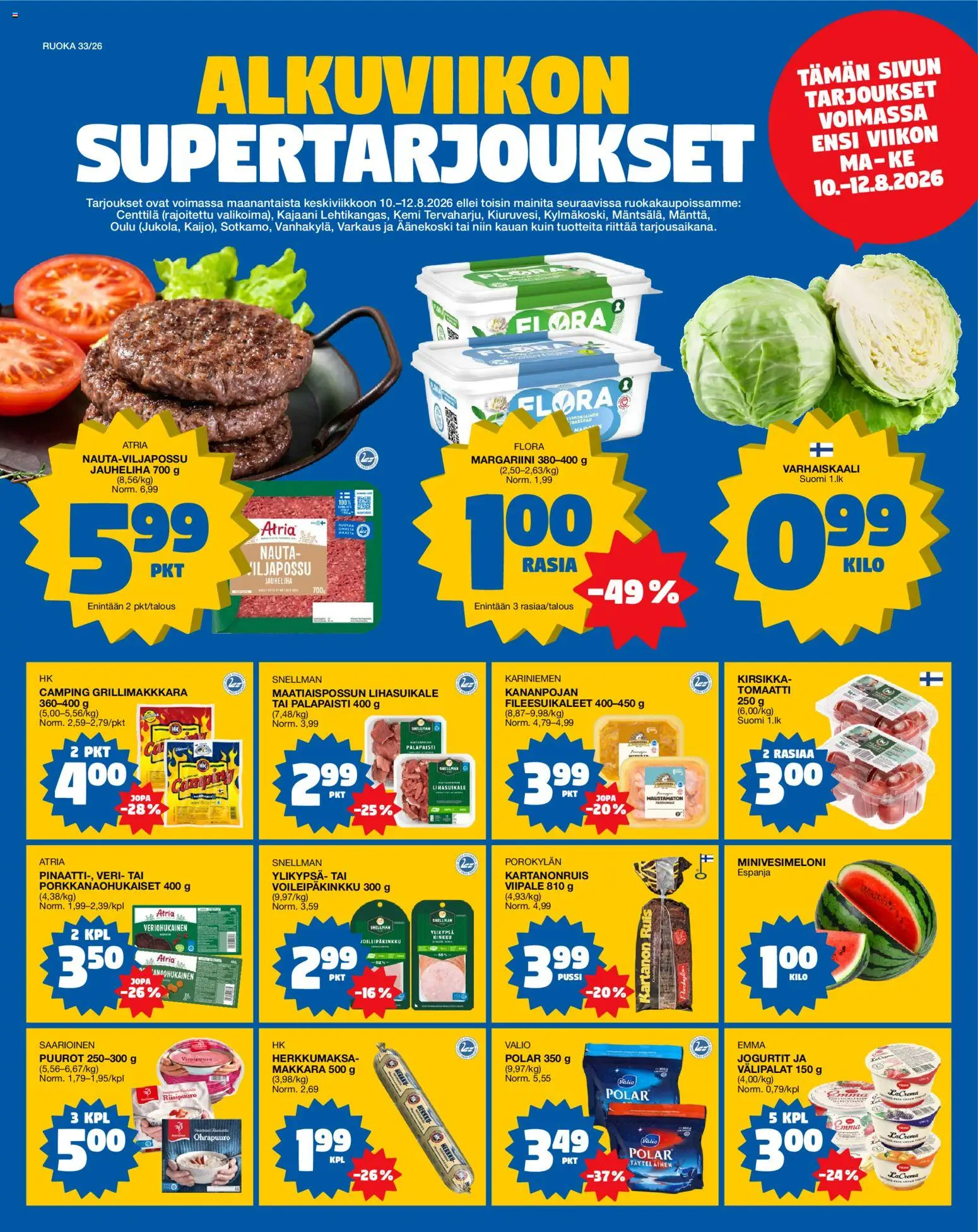 Tokmanni ruokatarjoukset – voimassa 10/08/2026 alkaen | Sivu: 1 | Tuotteet: Jauheliha, Makkara, Margariini, Kinkku