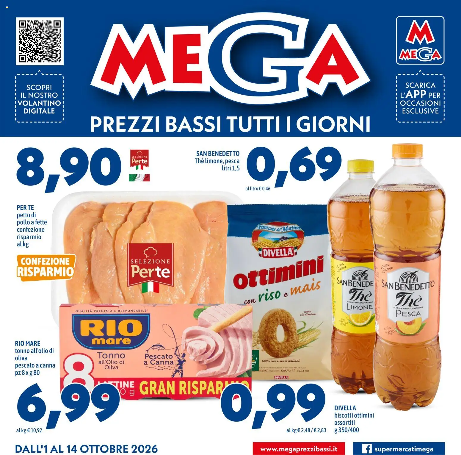 Volantino Mega del 01/10/2026 | Pagina: 1 | Prodotti: Olio, Pesca, The, Mais