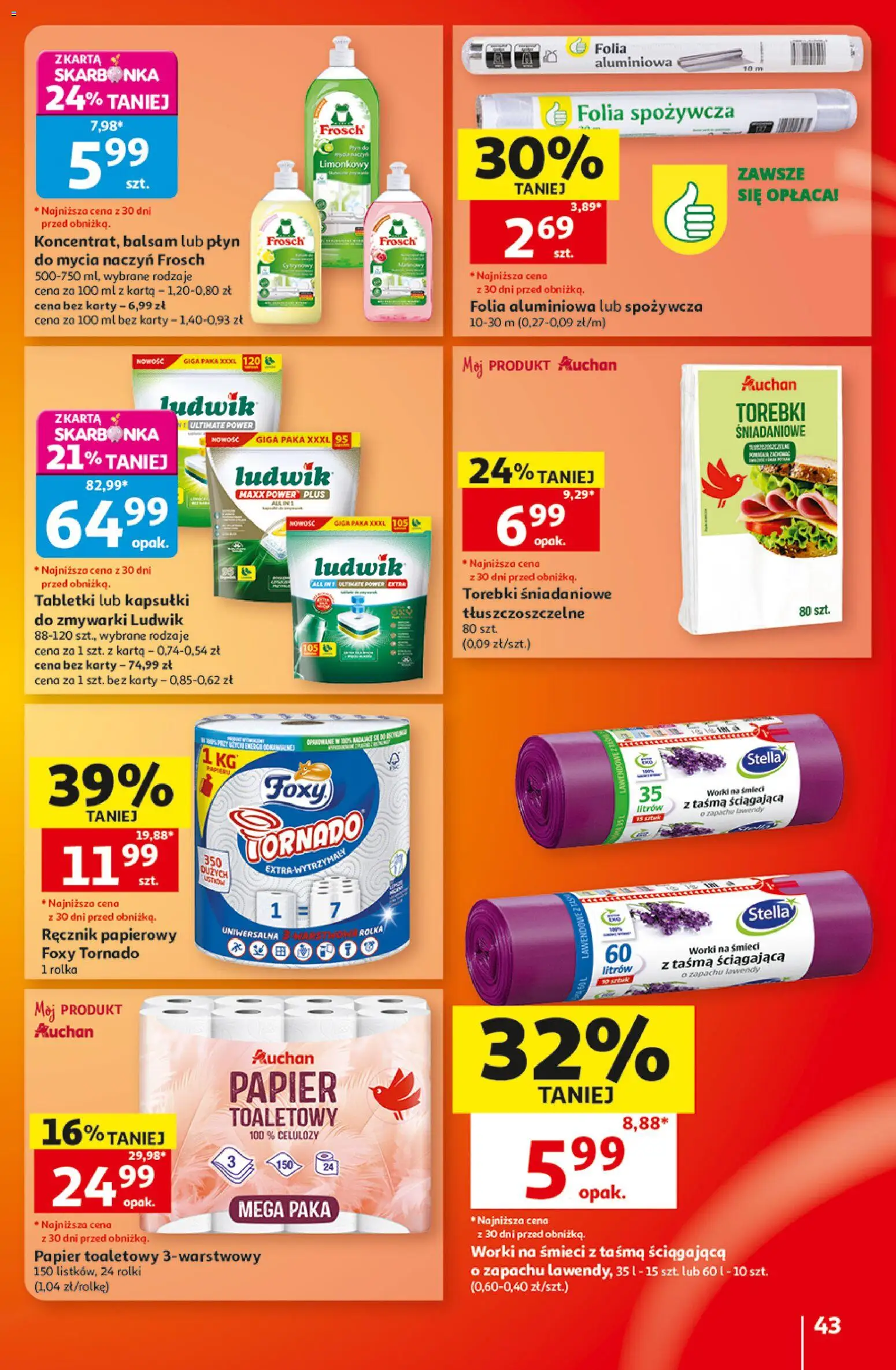 Auchan gazetka - 30 Lat Hipermarket od 20.08.2026 | Strona: 43 | Produkty: Worki na śmieci, Folia spożywcza, Folia, Torebki