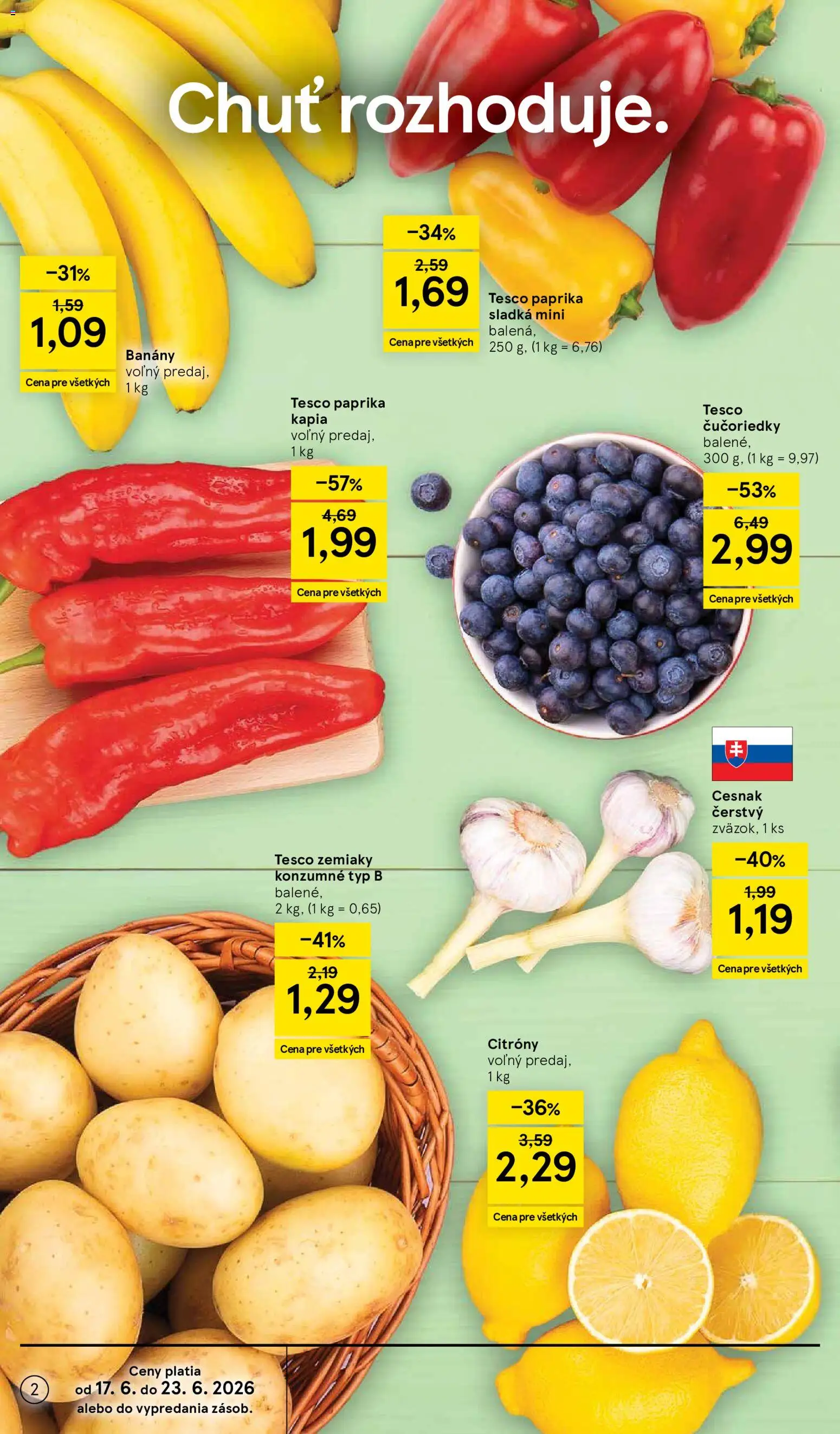 Nové Tesco akcie – leták je platný od 17.06.2026 | Strana: 2 | Produkty: Banány, Cesnak, Čučoriedky, Kápia