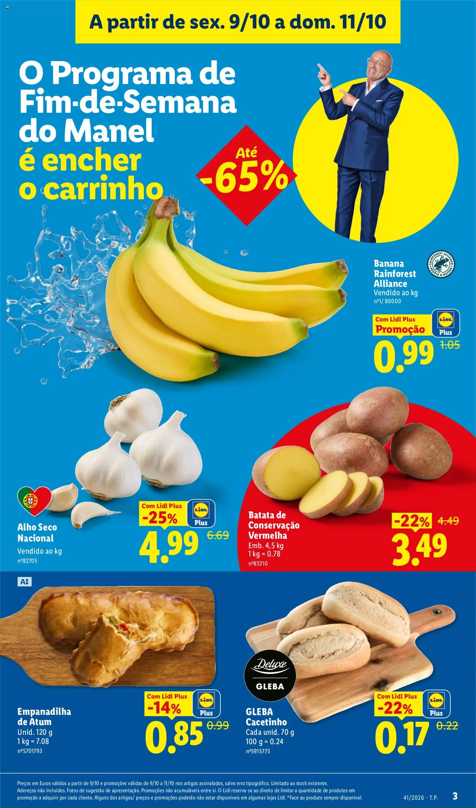 Lidl Promoções Fim de Semana │ válido de 09/10/2026 | Página: 3 | Produtos: Batata, Atum, Banana, Alho