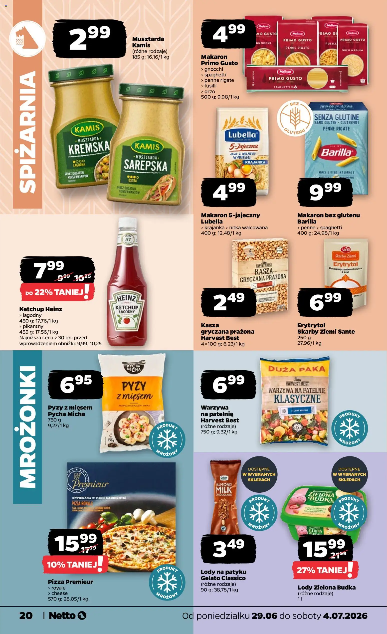 Netto gazetka od poniedziałku spożywcza od 29.06.2026 | Strona: 20 | Produkty: Makaron z pszenicy durum, Kasza, Patelnie, Lody