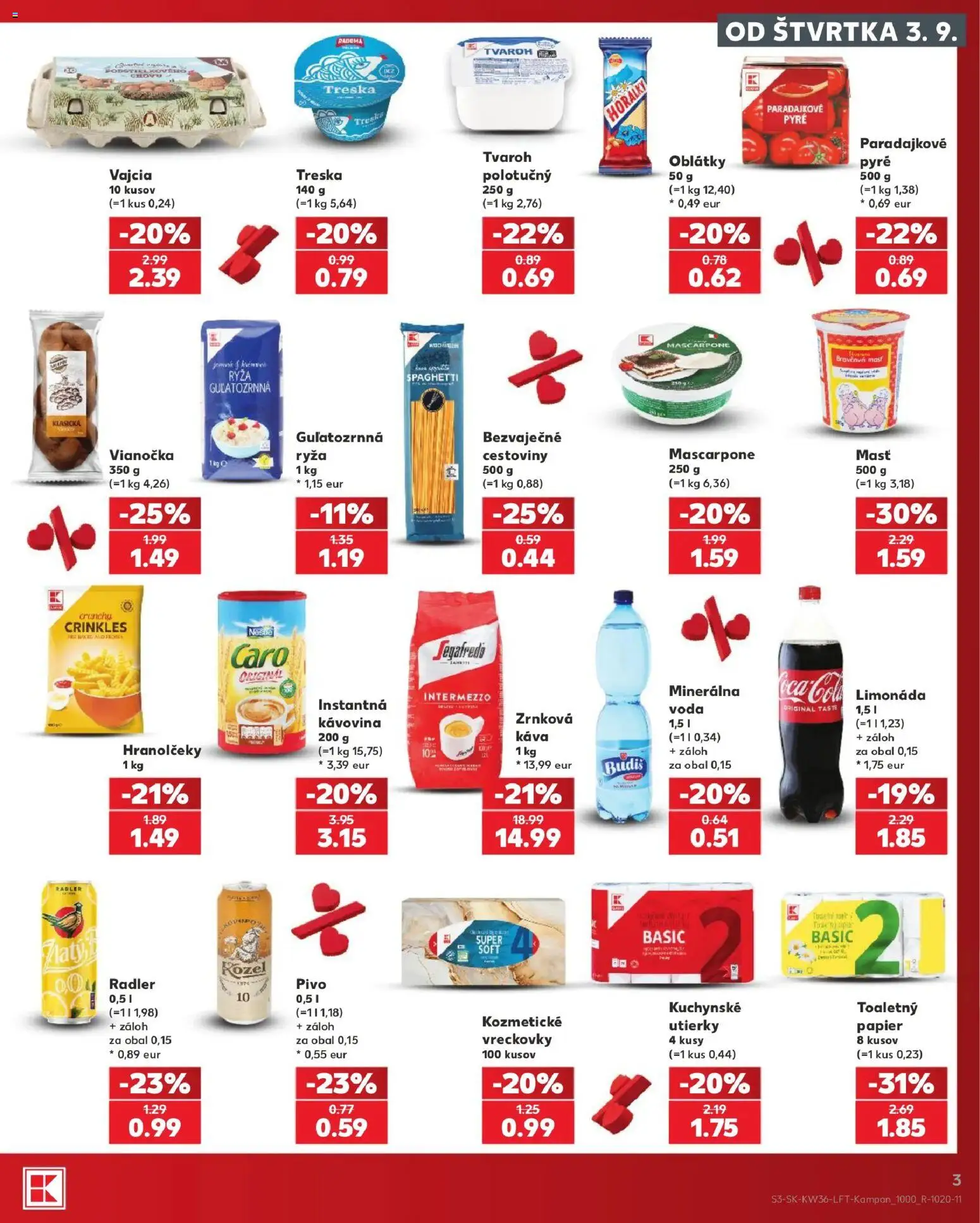 Nové Kaufland akcie – leták je platný od 03.09.2026 | Strana: 3 | Produkty: Ryža, Cestoviny, Radler, Vreckovky