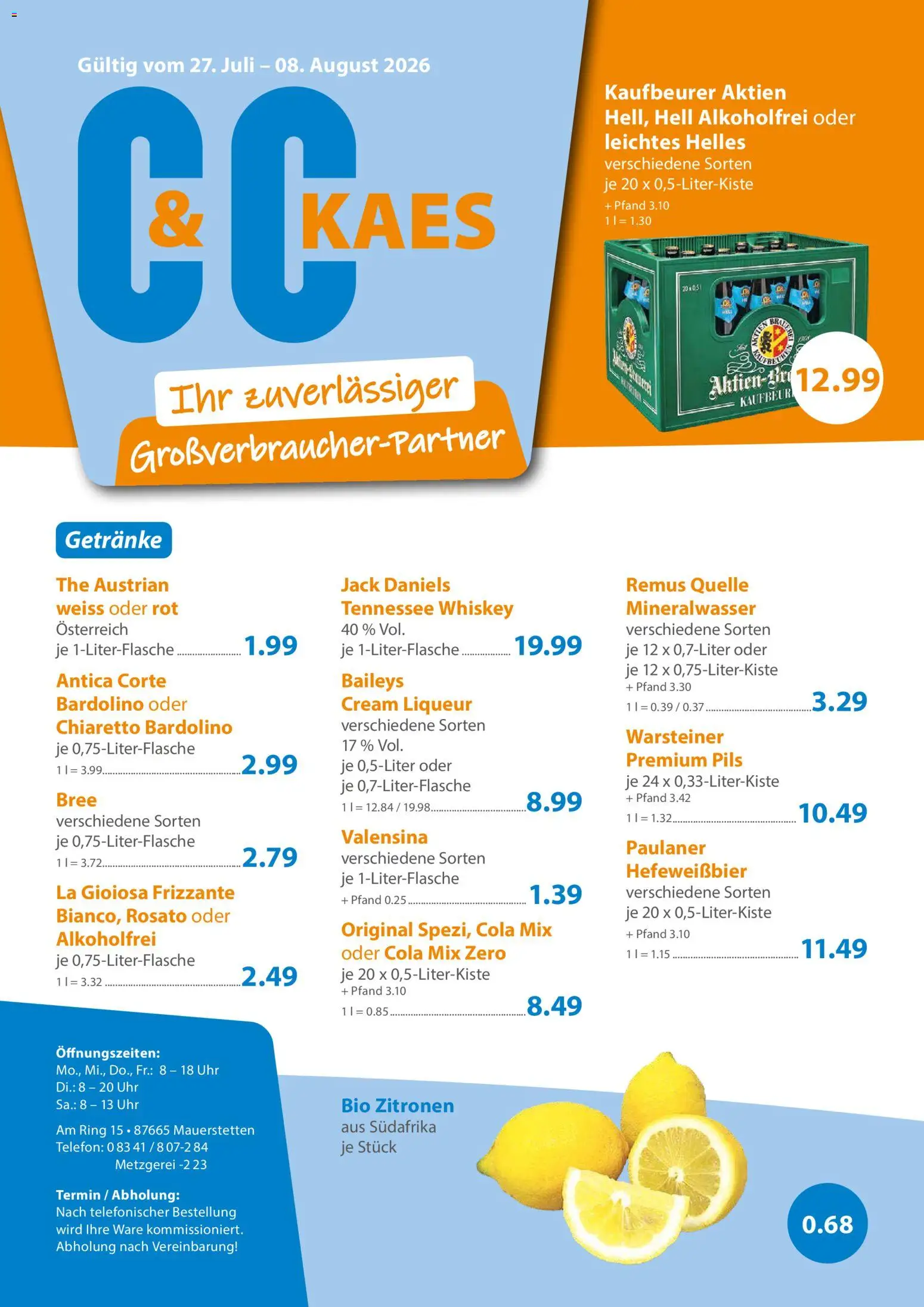 C&C Prospekt – gültig ab 27.07.2026 | Seite: 1 | Produkte: Rindergulasch, Käsekrainer, Schweinefilet, Steak