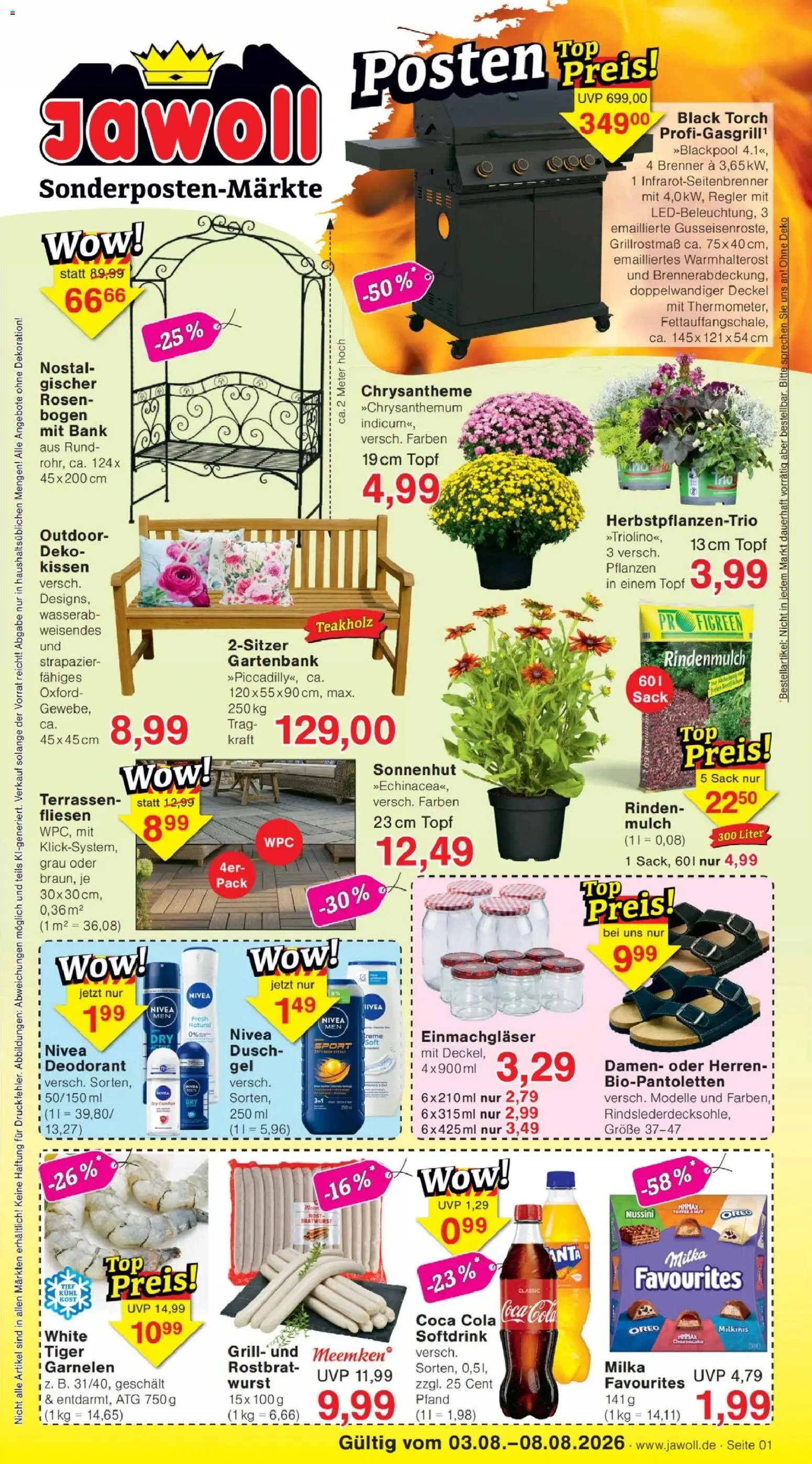 Jawoll Prospekt – gültig ab 03.08.2026 | Seite: 1 | Produkte: Rindenmulch, Grill, Cola, Garnelen