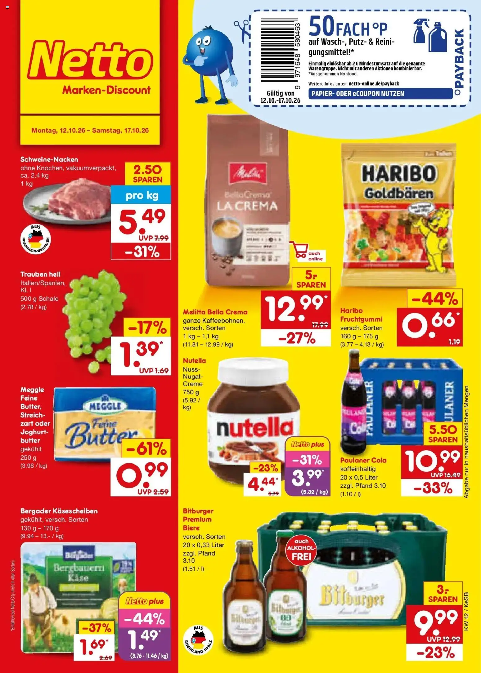 Netto Marken-Discount Prospekt Kruft (ab 12.10.2026) » Angebote | Seite: 1 | Produkte: Creme, Nutella, Alkohol, Paulaner