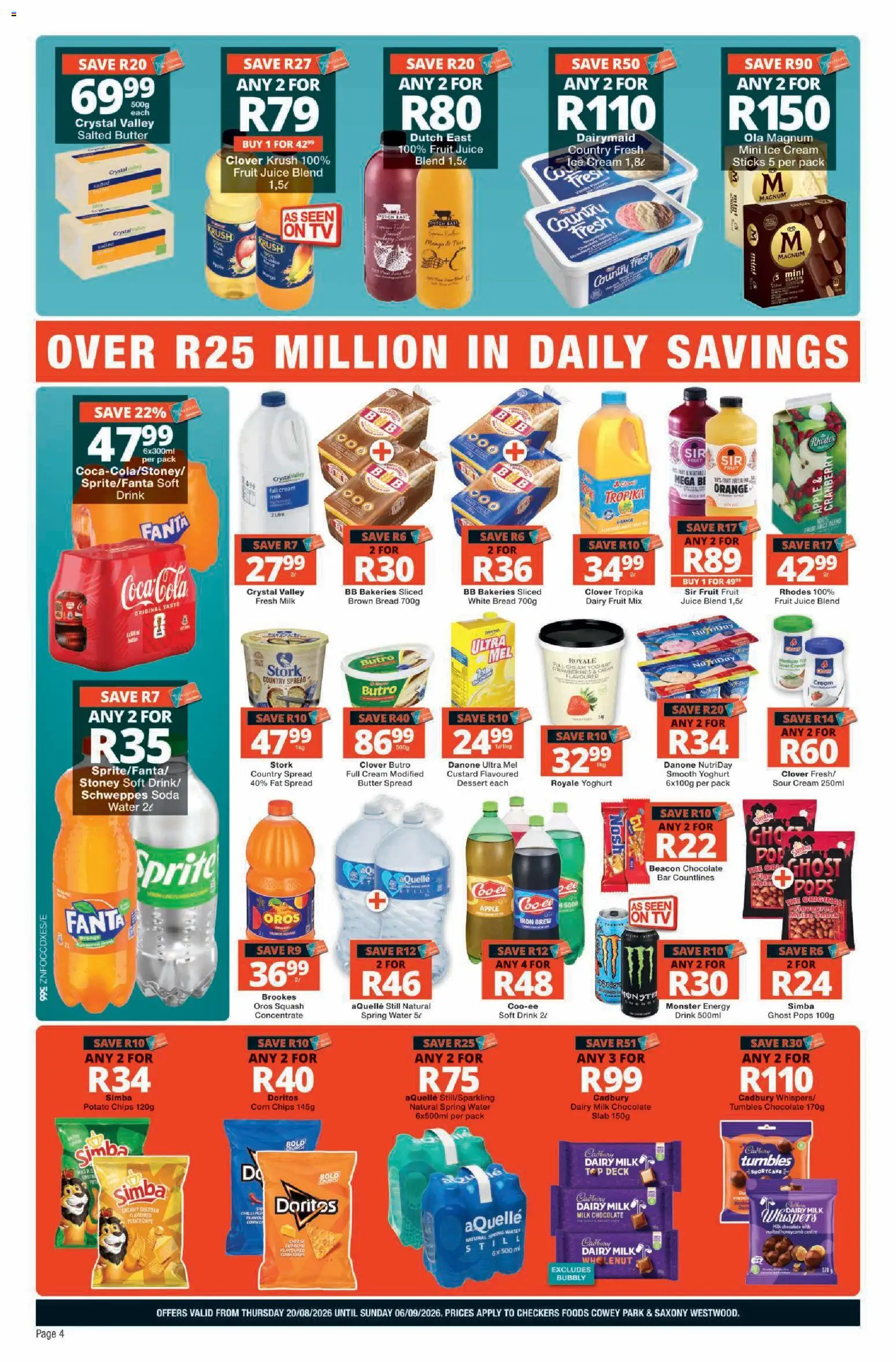 New Checkers catalogue – valid from 20/08/2026 | Page: 4 | Products: Custard, Dessert, Ice cream, Fat spread