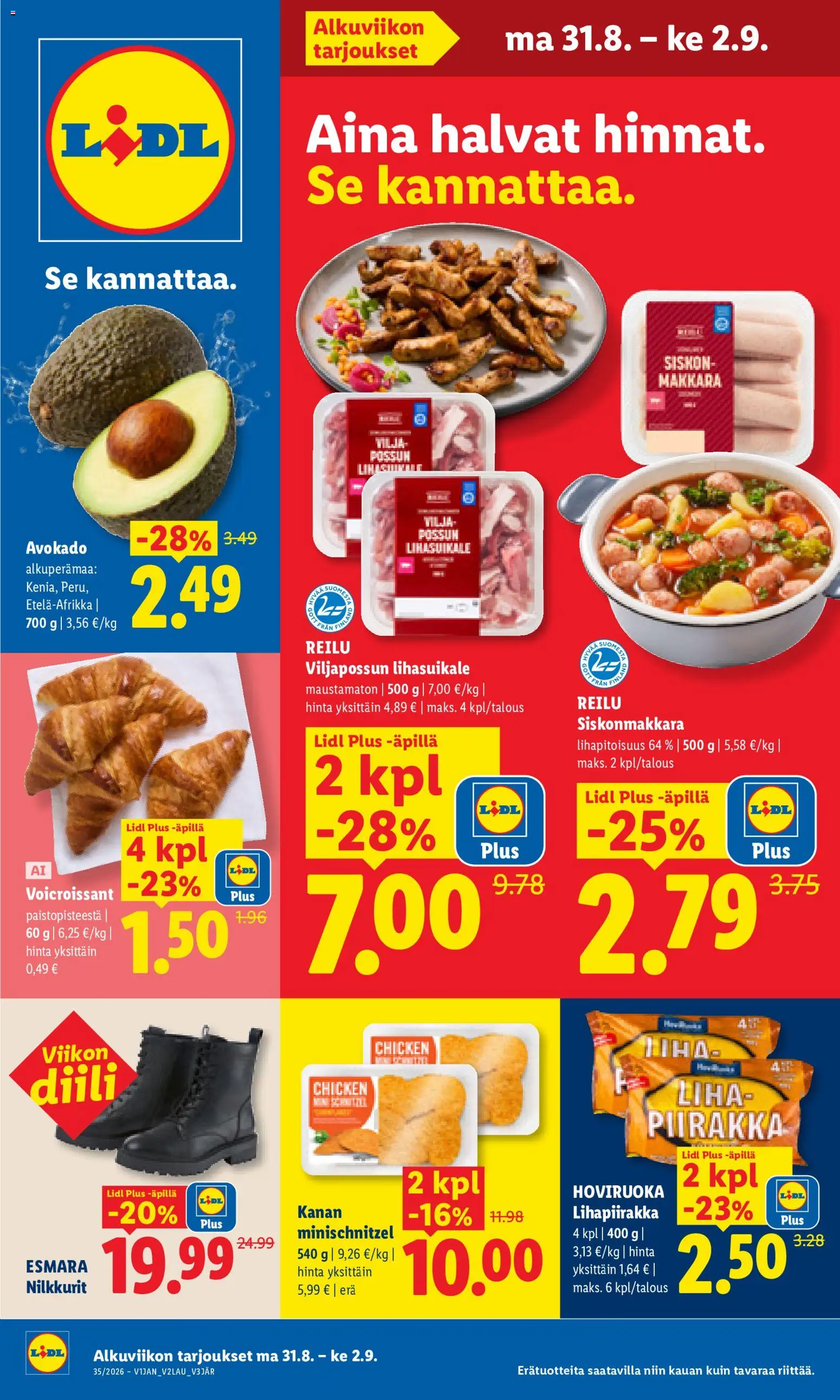 Lidl tarjoukset - Tampere – voimassa 31/08/2026 alkaen | Sivu: 1 | Tuotteet: Nilkkurit, Piirakka, Croissant, Liha