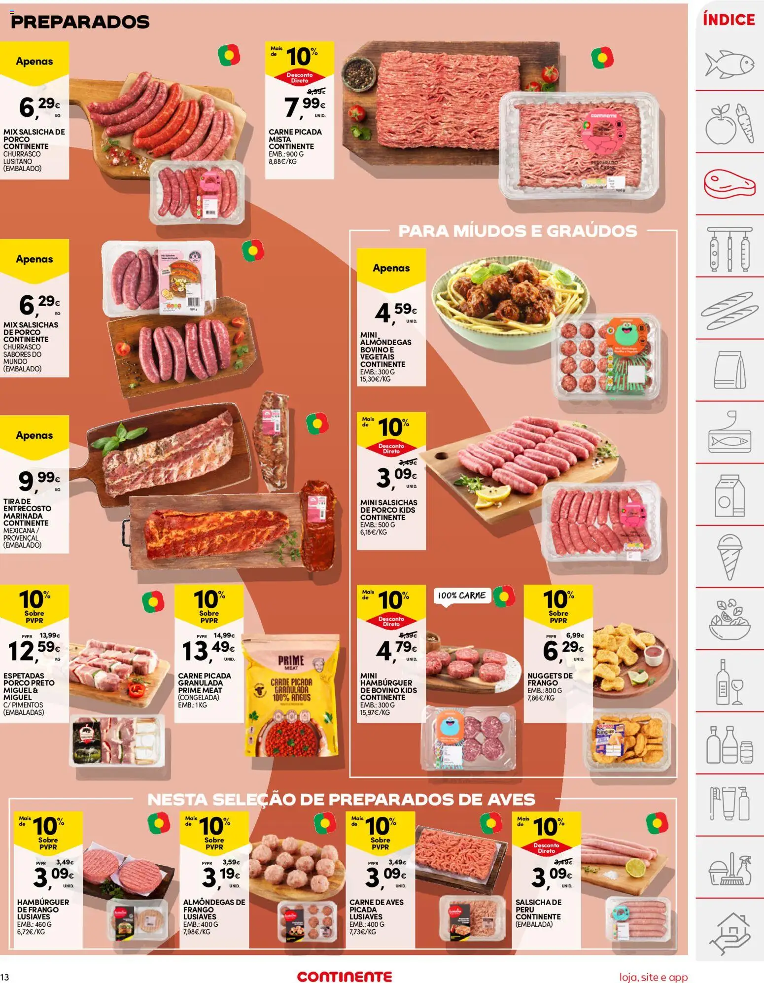 Continente folheto │ válido de 19.05.2026 | Página: 13 | Produtos: Peru, Hambúrguer, Carne picada, Salsicha