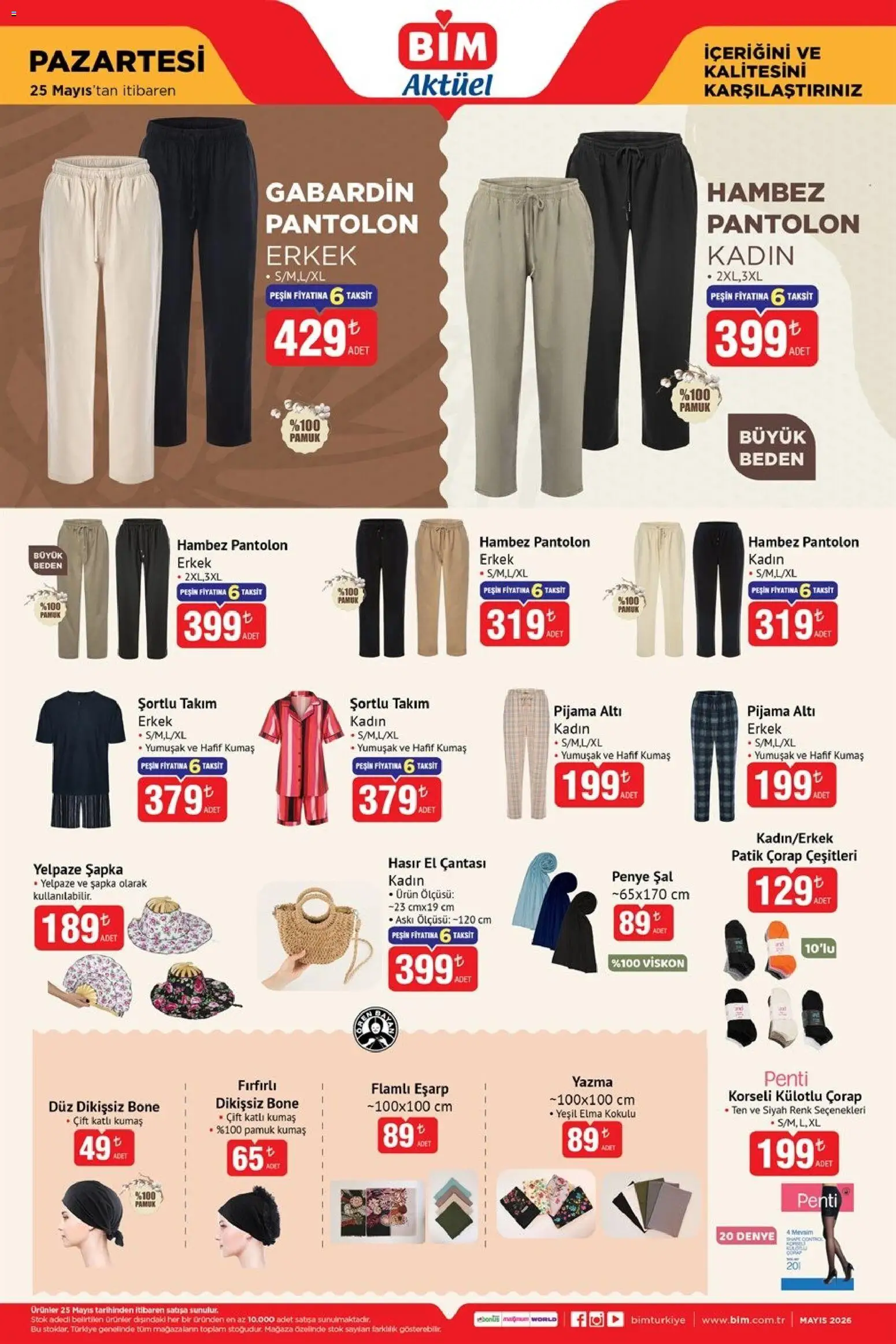 BİM - Katalog Pazartesi - 25.05.2026 tarihinden itibaren geçerlidir | Sayfa: 4 | Ürünler: Pantolon, Çorap, Pijama, Şal