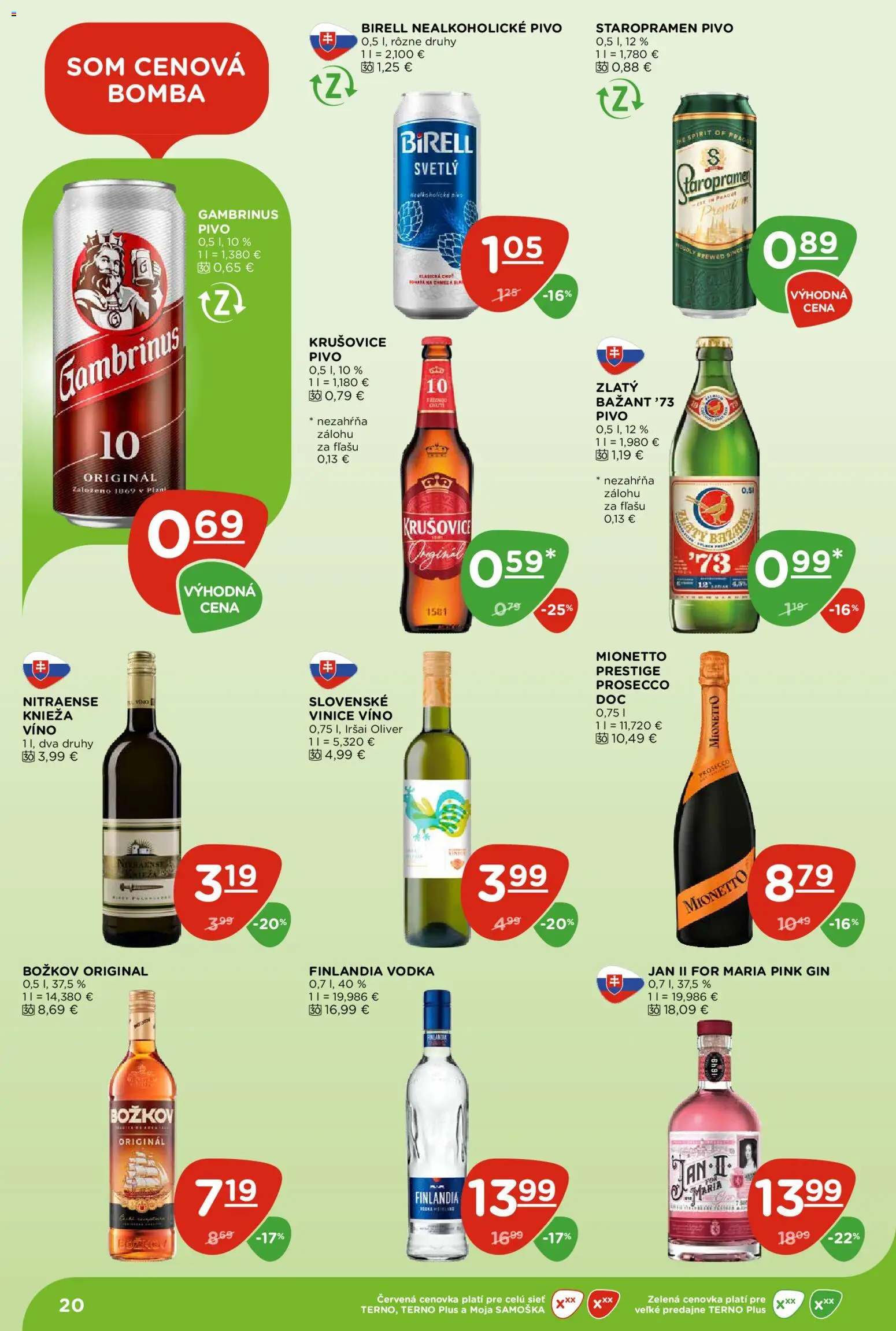 Nové Terno akcie – leták je platný od 18.06.2026 | Strana: 20 | Produkty: Krušovice, Gin, Vodka, Gambrinus