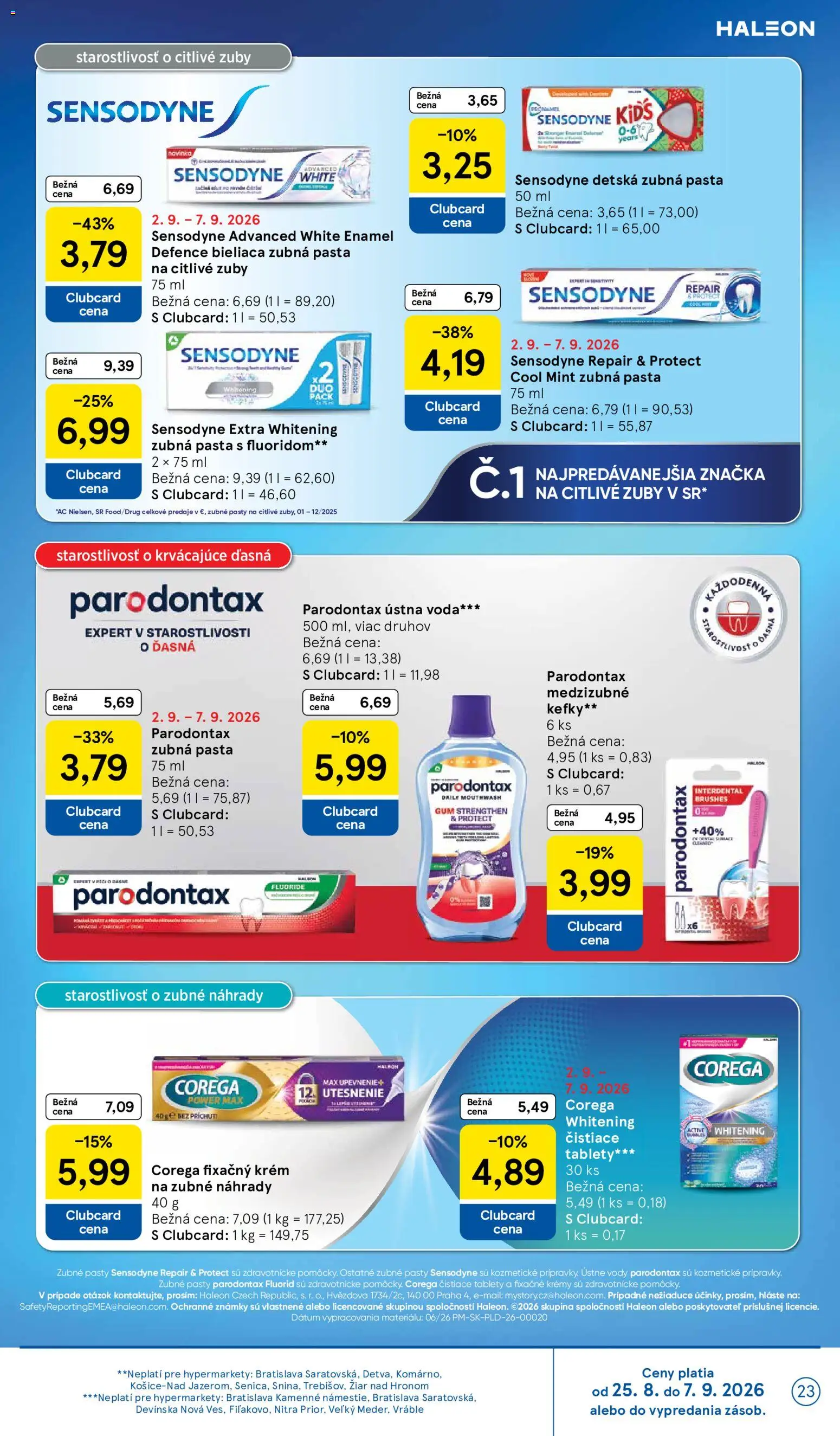 Nové Tesco akcie – leták je platný od 02.09.2026 | Strana: 23 | Produkty: Zubná pasta, Ústna voda, Krém, Voda