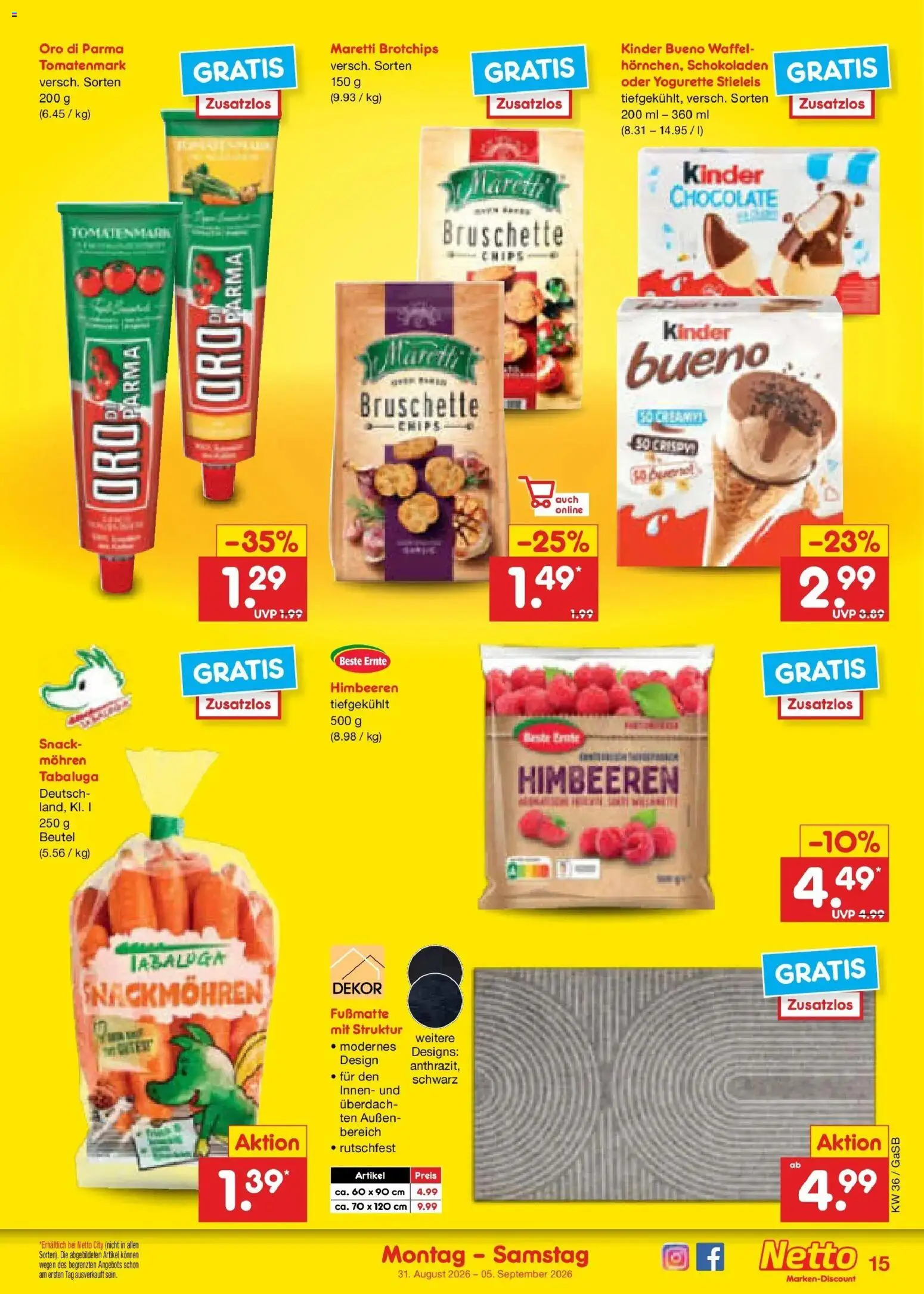 Netto Marken-Discount Prospekt Bremen-Lesum (ab 31.08.2026) » Angebote | Seite: 19 | Produkte: Himbeeren, Yogurette, Kinder bueno, Fußmatte