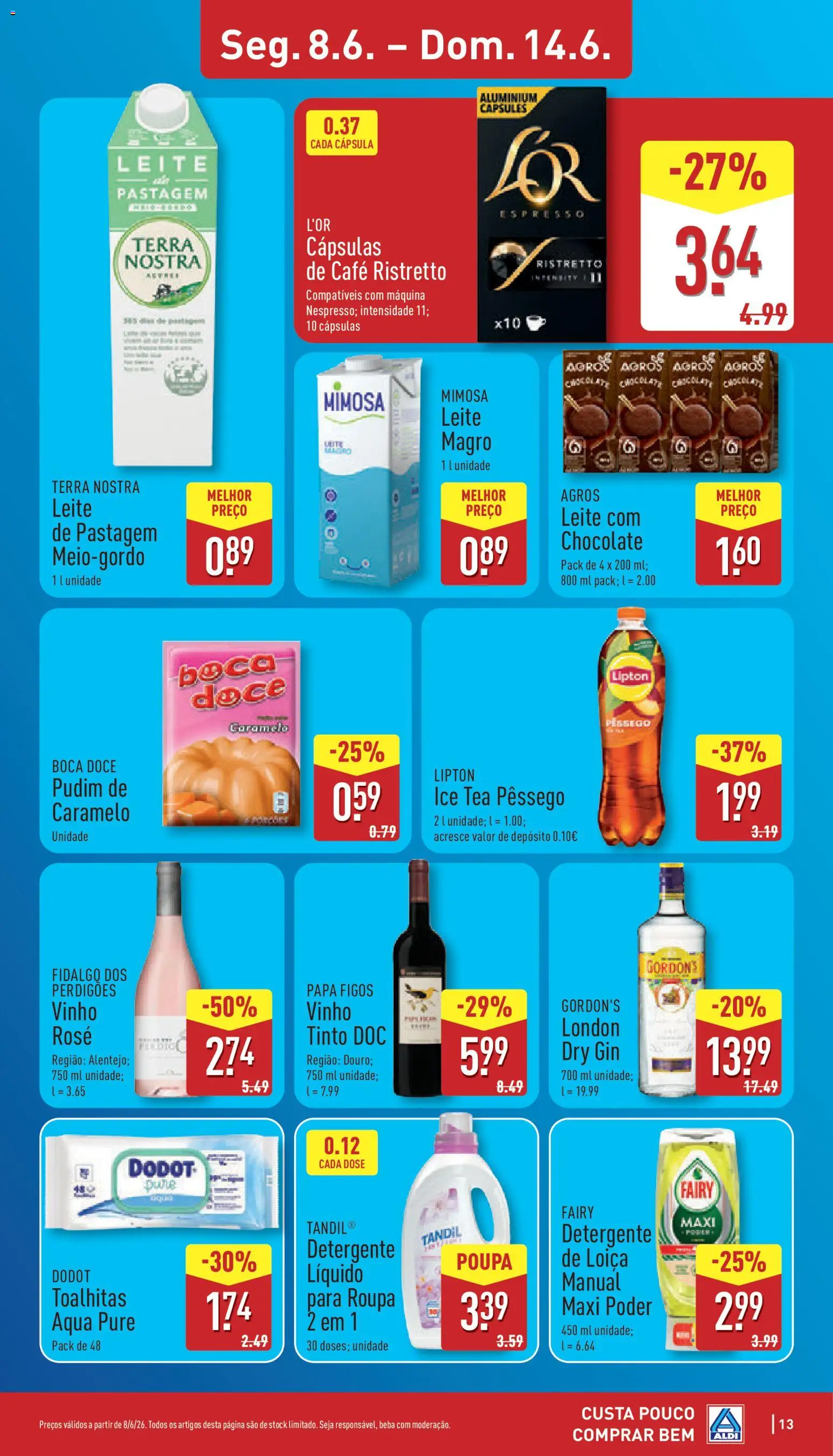 Aldi folheto │ válido de 08.06.2026 | Página: 13 | Produtos: Leite, Chocolate, Vinho, Gin