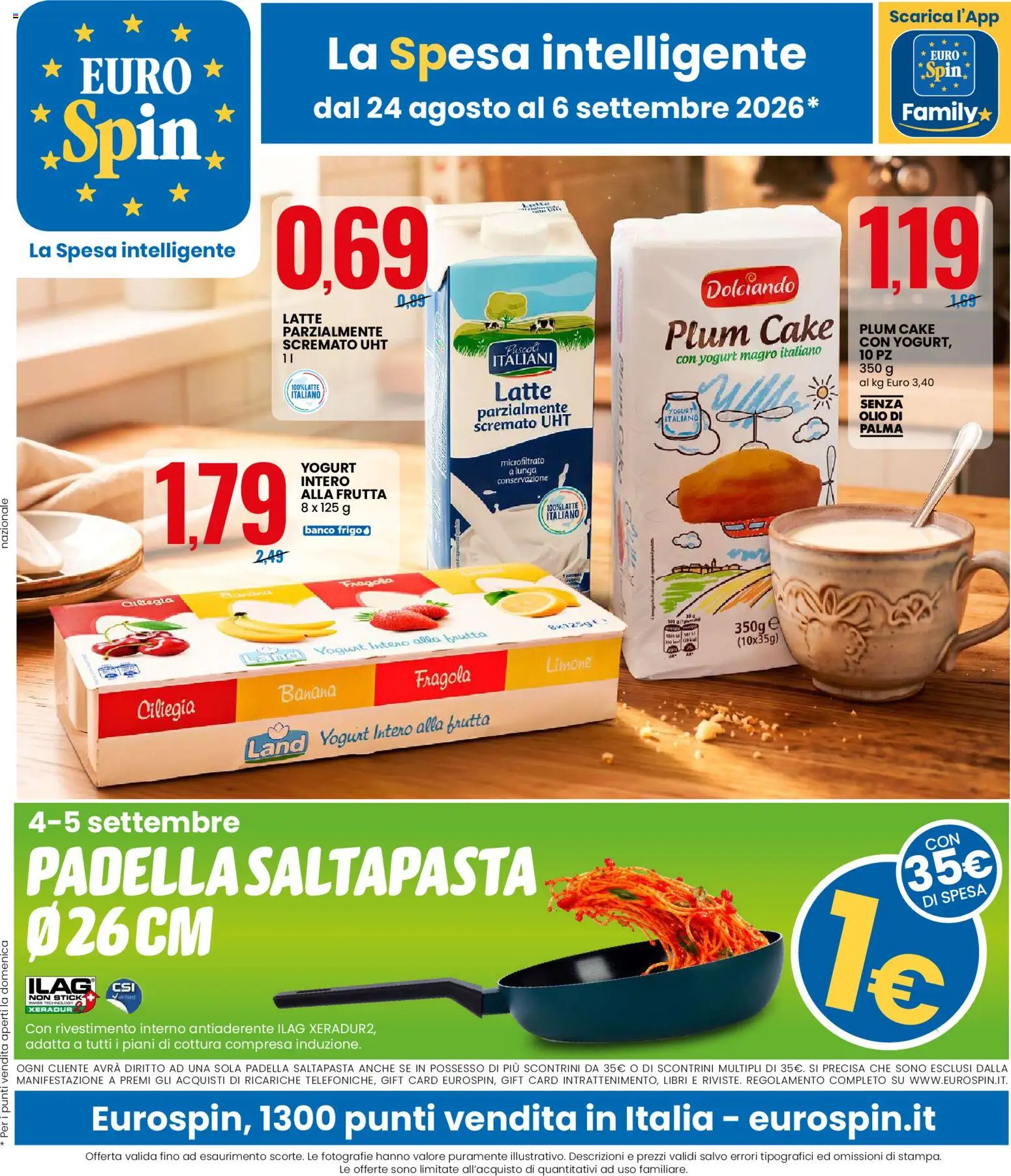 Volantino Eurospin del 24/08/2026 | Pagina: 1 | Prodotti: Yogurt, Latte, Limone, Latte parzialmente scremato