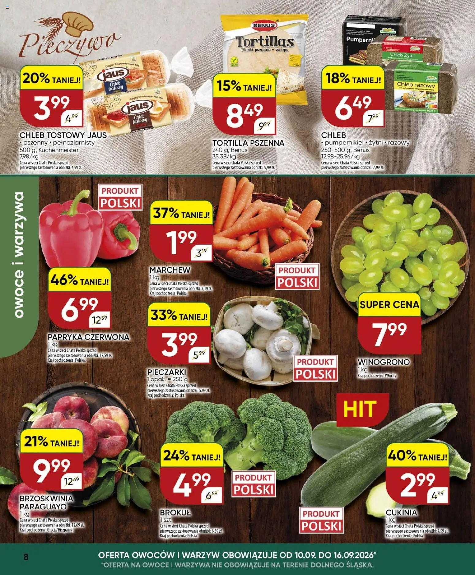 Chata Polska gazetka od 10.09.2026 | Strona: 8 | Produkty: Tortilla pszenna, Chleb tostowy, Cukinia, Chleb