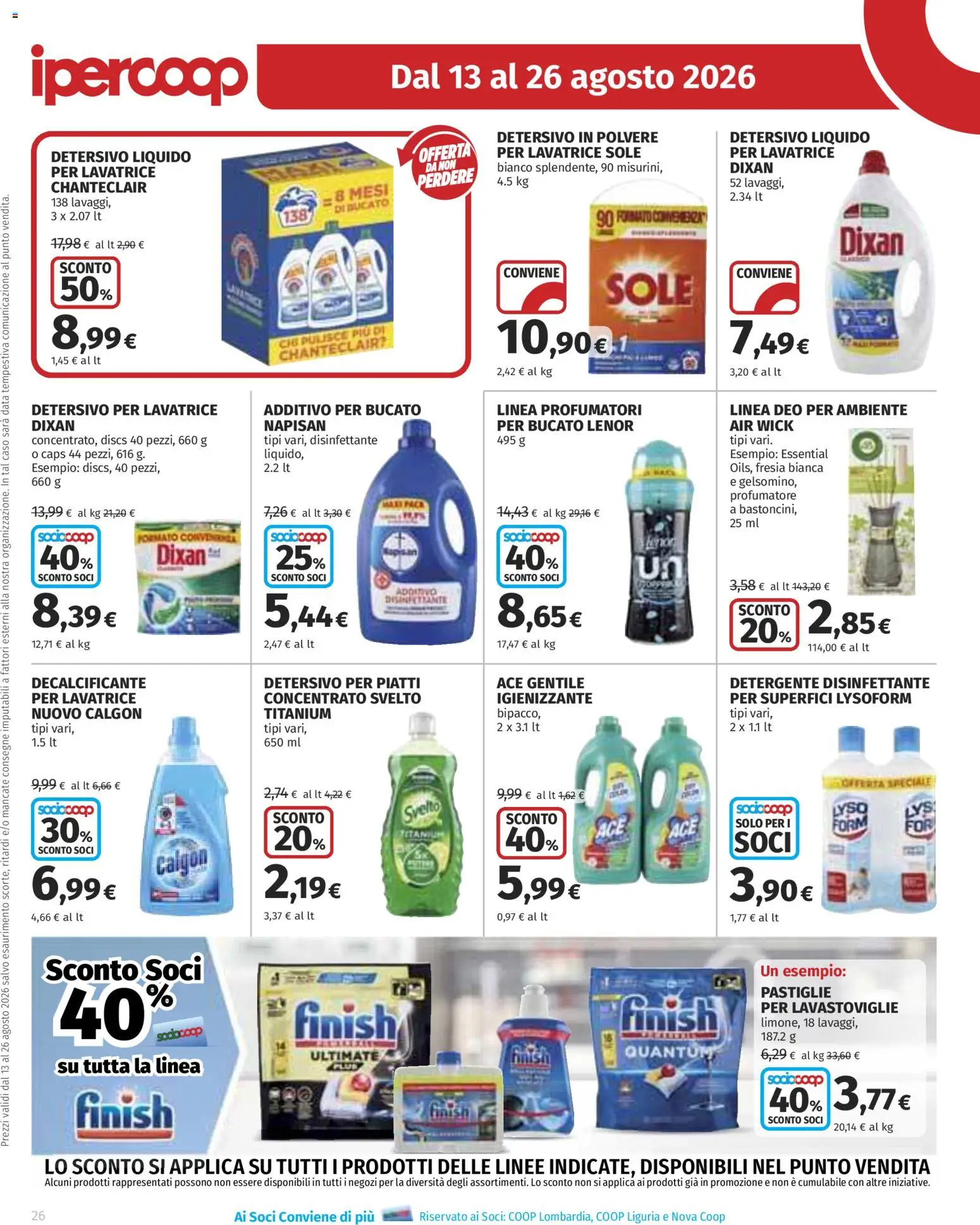 Volantino Ipercoop del 13/08/2026 | Pagina: 26 | Prodotti: Detersivo in polvere, Detergente, Lavastoviglie, Decalcificante