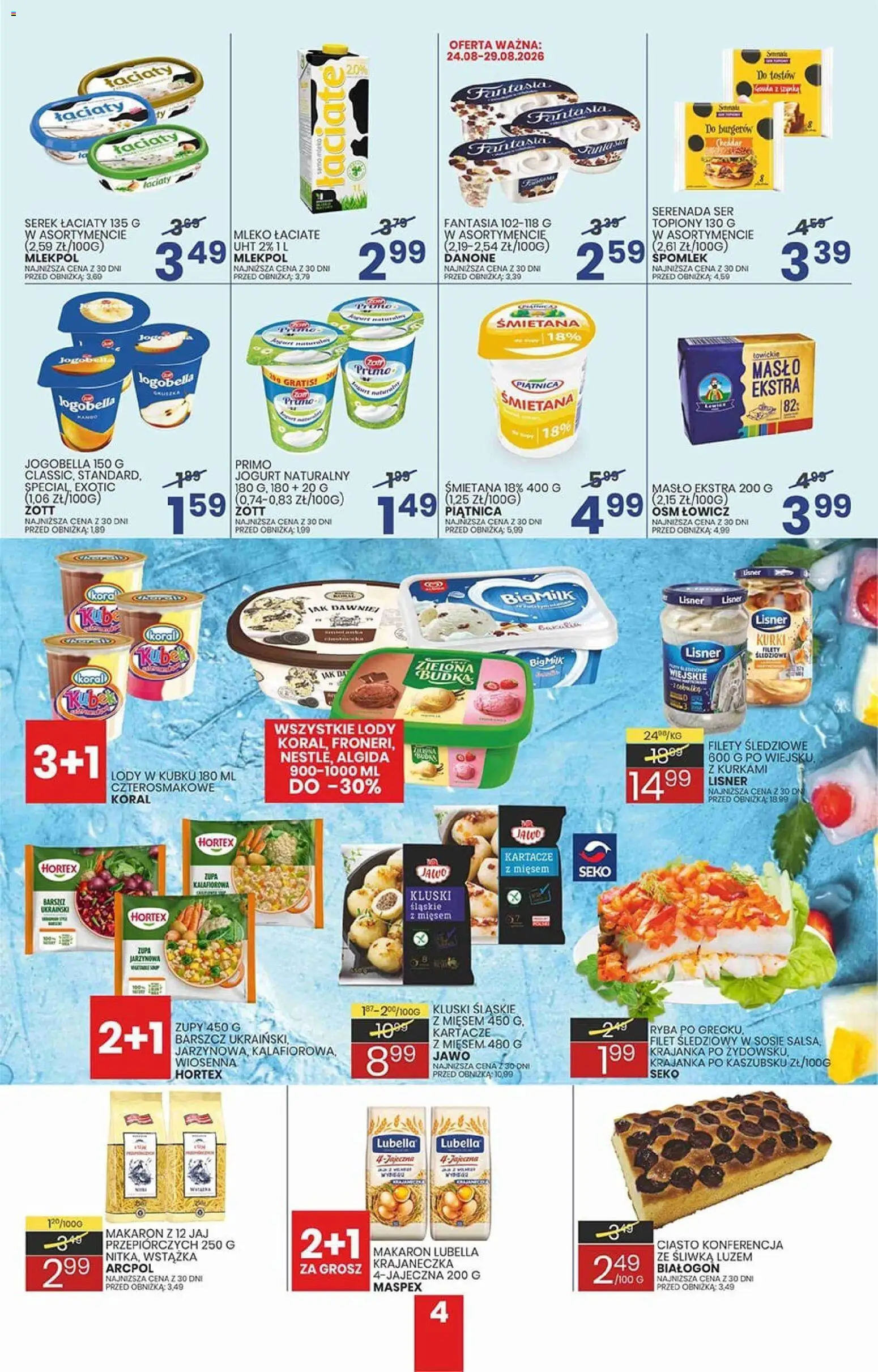 Wafelek gazetka od 24.08.2026 | Strona: 4 | Produkty: Jogurt naturalny, Kluski śląskie, Makaron, Lody