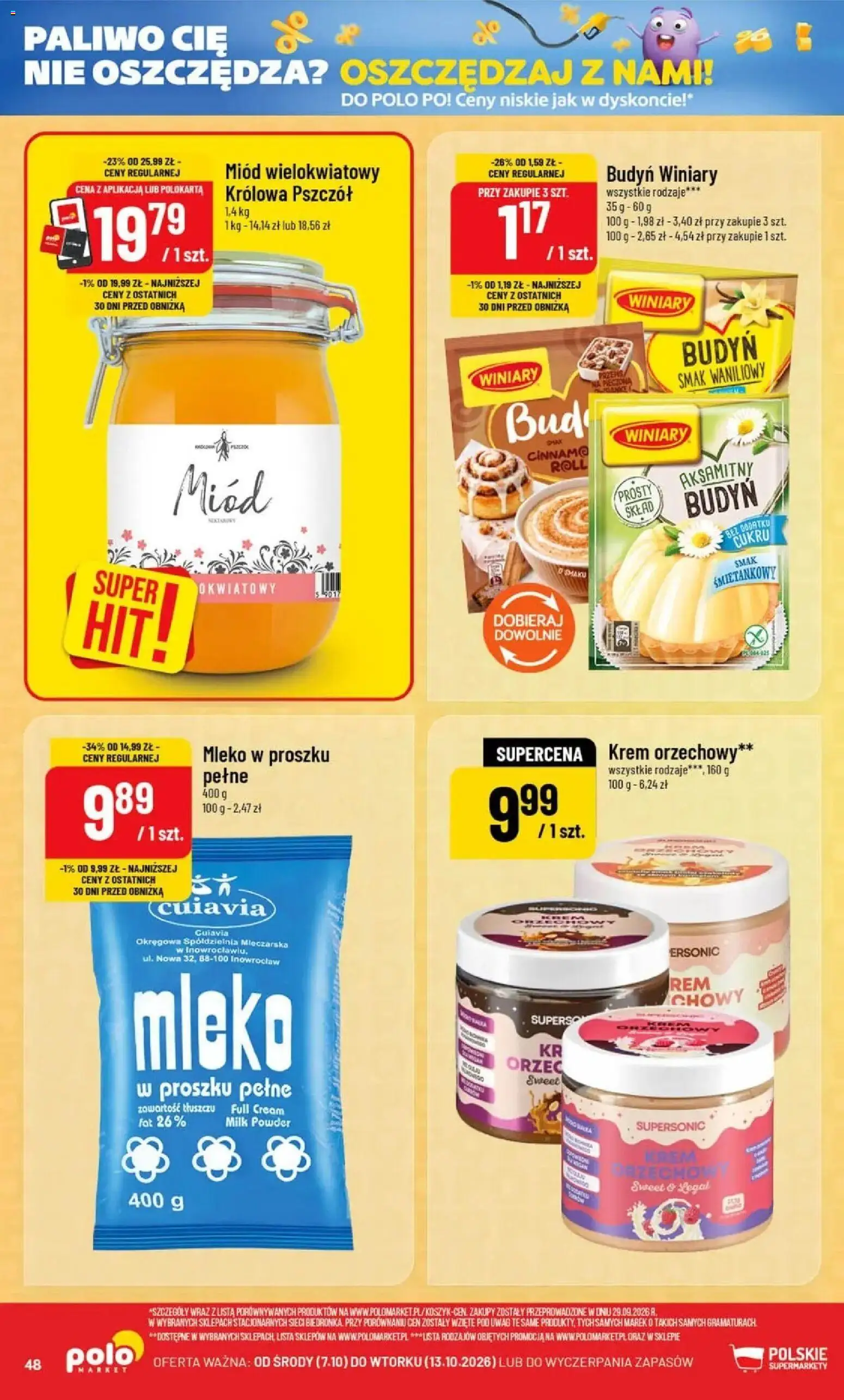 Nowa POLOmarket gazetka od jutra 07.10.2026 | Strona: 48 | Produkty: Budyń, Miód, Miód wielokwiatowy, Mleko