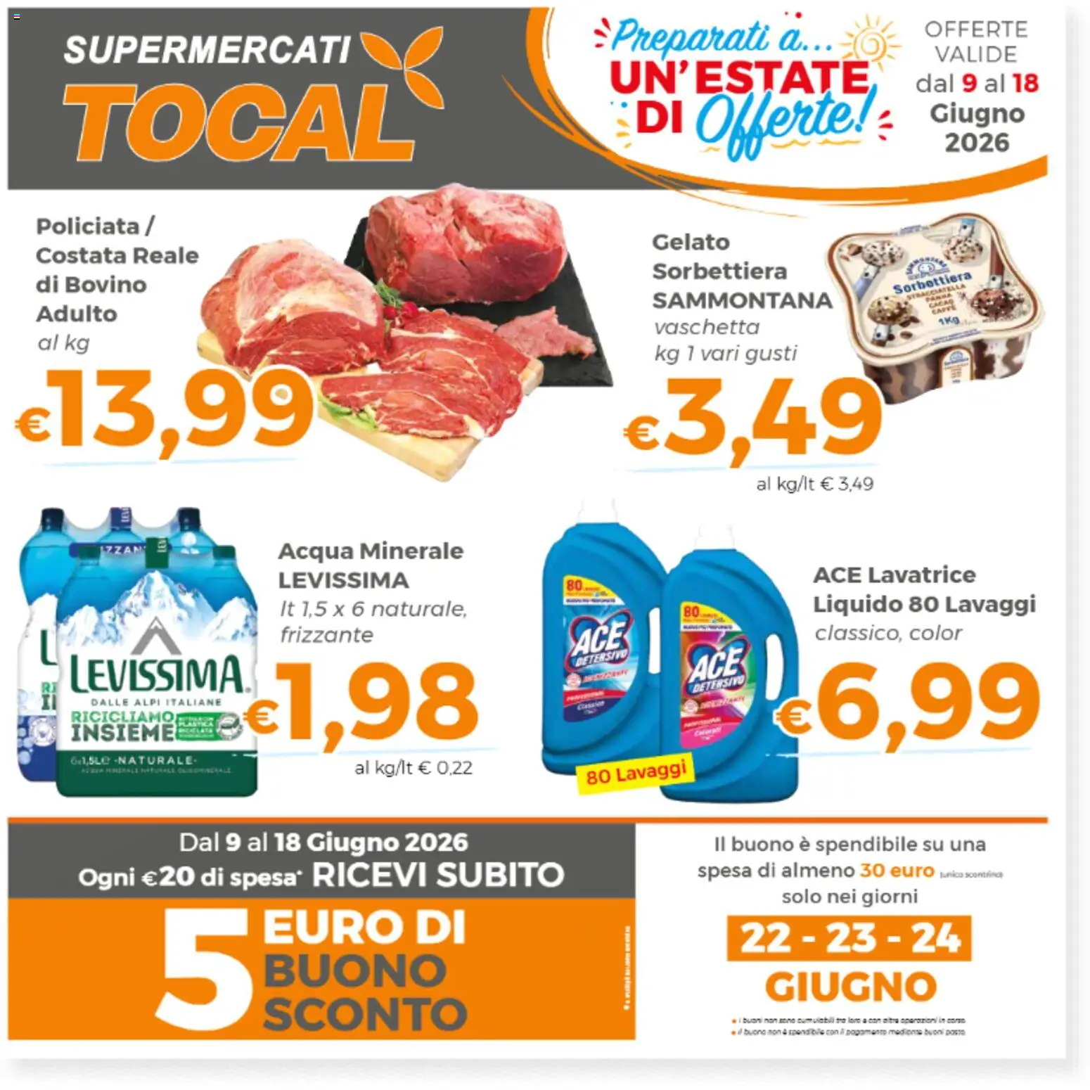 Volantino Tocal del 09.06.2026 | Pagina: 1 | Prodotti: Bovino, Acqua, Lavatrice, Acqua minerale