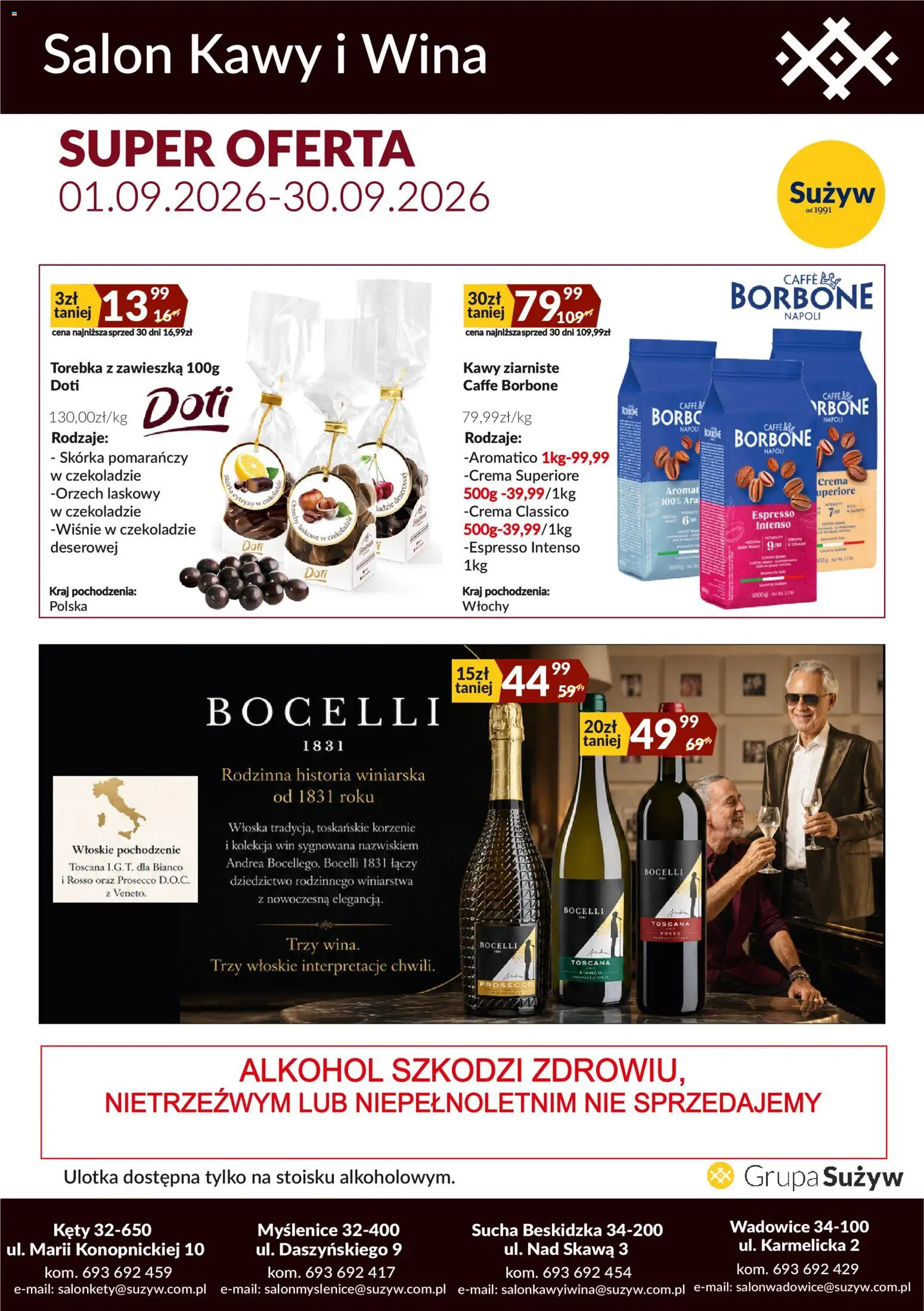 Sużyw gazetka - Salon kawy i wina od 01.09.2026 | Strona: 1 | Produkty: Torebka, Wiśnie, Alkohol, Prosecco