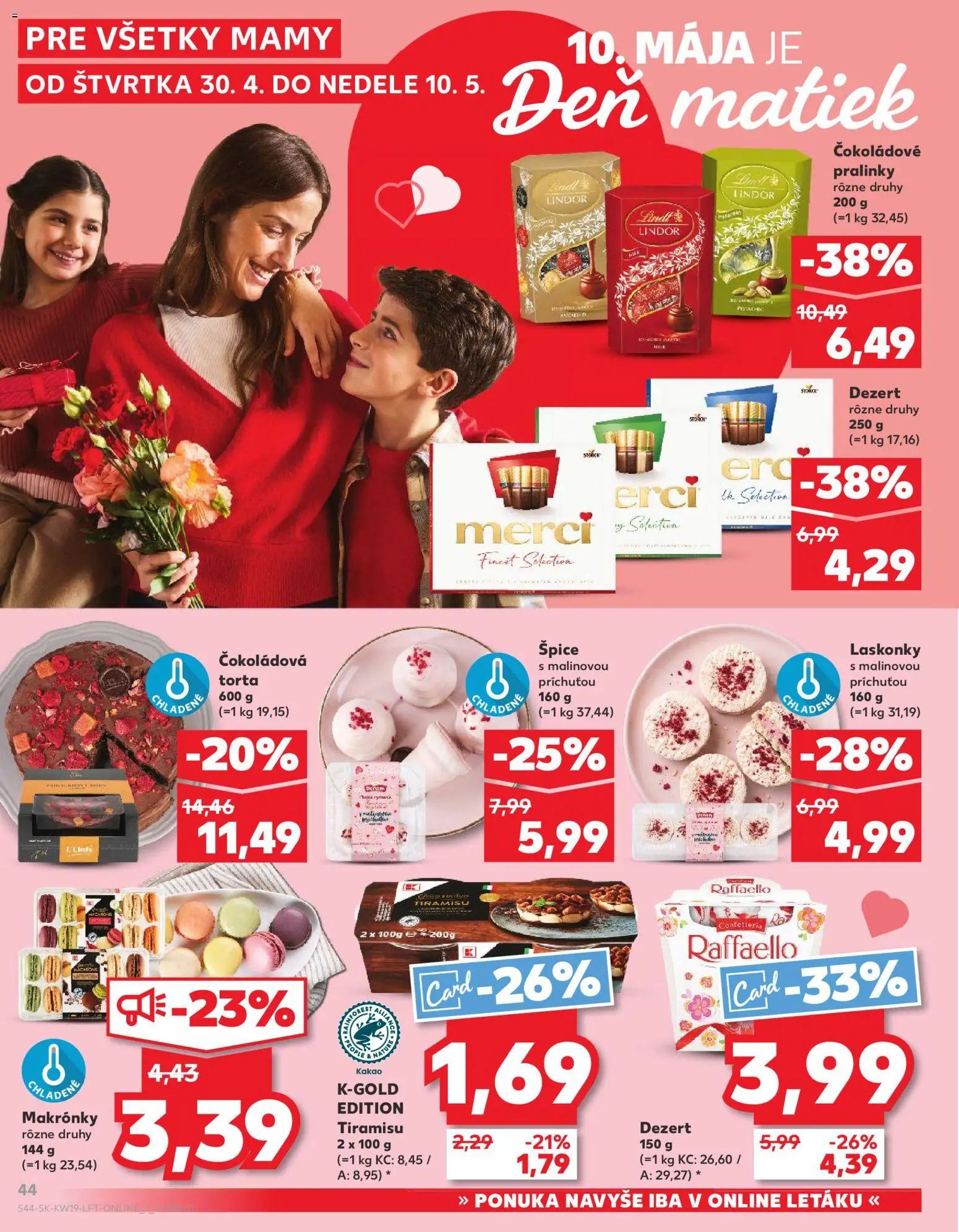 Nové Kaufland akcie – leták je platný od 07.05.2026 | Strana: 44 | Produkty: Lindt, Makronky, Merci, Torta