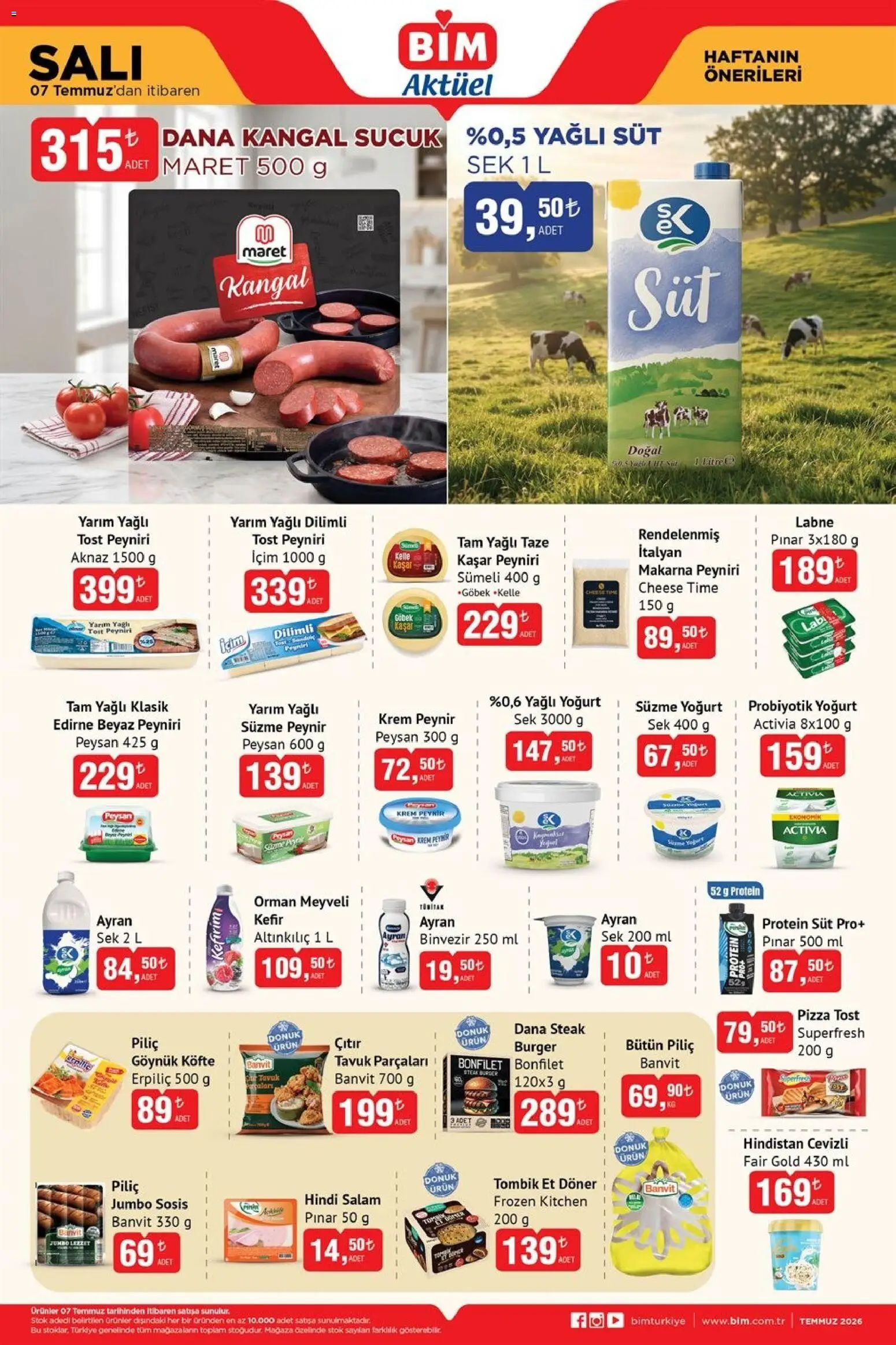 BİM - Katalog Salı - 07 Temmuz 2026 tarihinden itibaren geçerlidir | Sayfa: 1 | Ürünler: Kefir, Yoğurt, Salam, Makarna