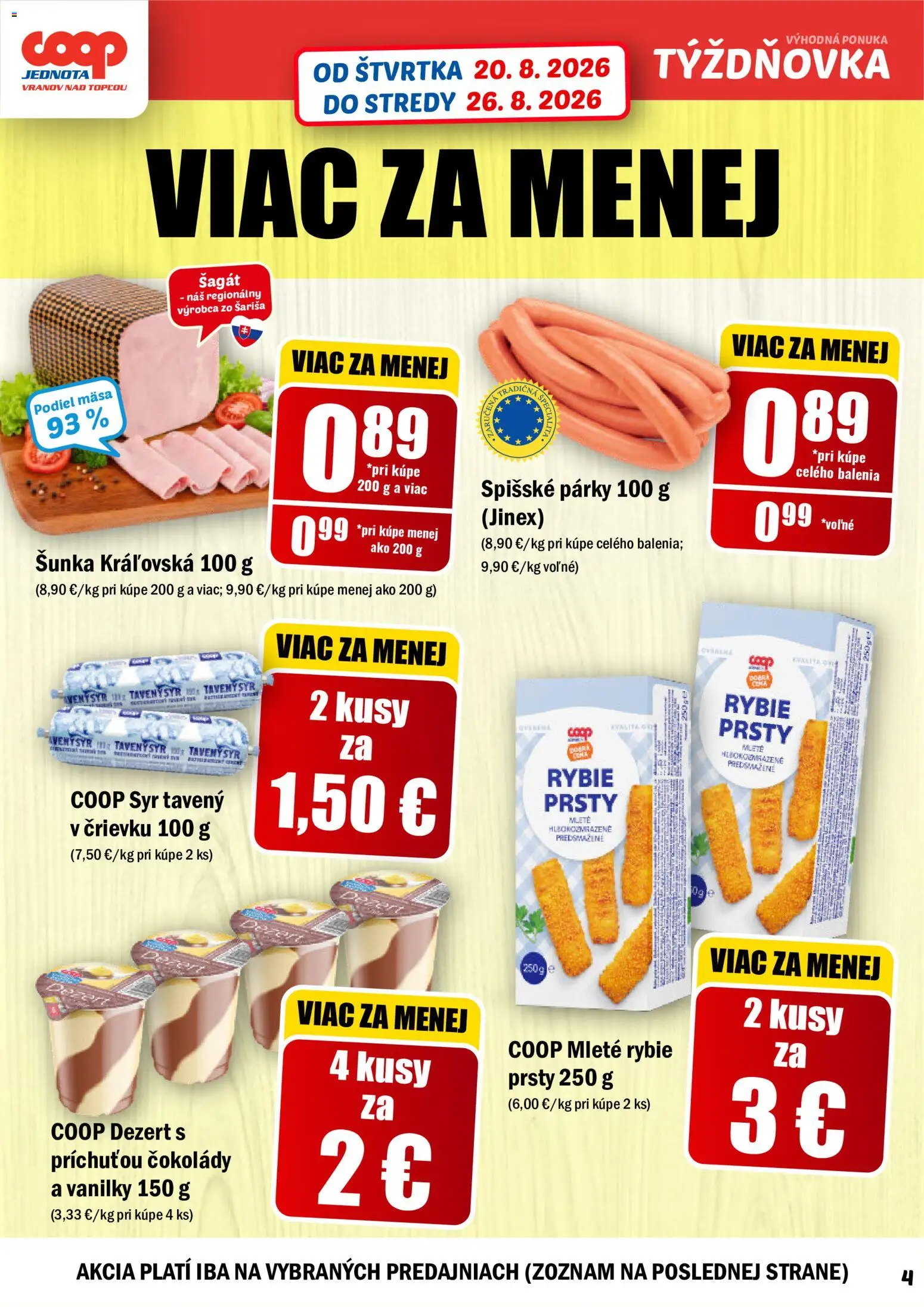 Nové COOP Jednota akcie – leták je platný od 20.08.2026 | Strana: 4 | Produkty: Syr, Rybie prsty, Párky, Dezert