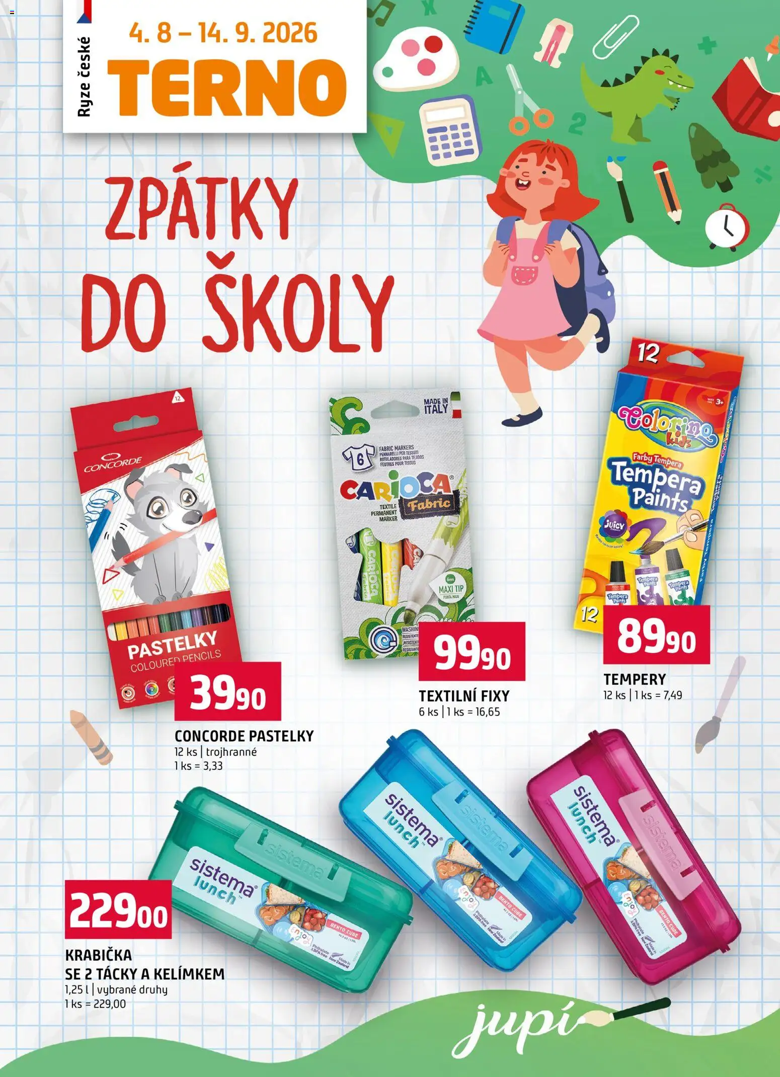 Terno leták - Zpátky do školy od 04.08.2026 | Strana: 1 | Produkty: Tempery, Rýže, Fixy, Jupí