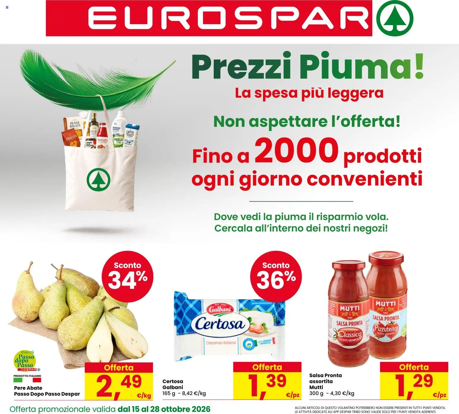 Volantino Eurospar del 15/10/2026 | Pagina: 1 | Prodotti: Crema, Pere, Crescenza, Frollini