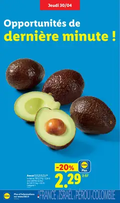 LIDL - Prévisualisation de Avocat, Le filet de 700 g (1 kg = 3,28 €) avec Lidl Plus au lieu de 2,87 € (1 kg = 4,10 €) Catégorie 1 valide à partir de 30.04.2026 | Page: 4 | Produits: Avocat