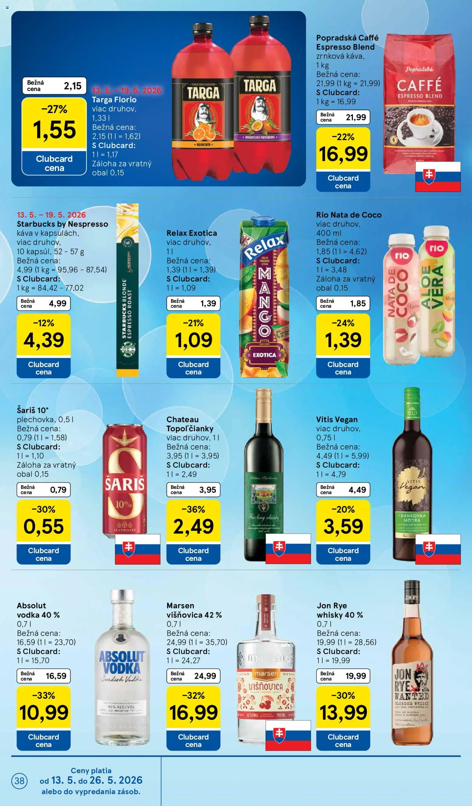 Nové Tesco akcie – leták je platný od 13.05.2026 | Strana: 38 | Produkty: Káva, Šariš, Vodka, Whisky