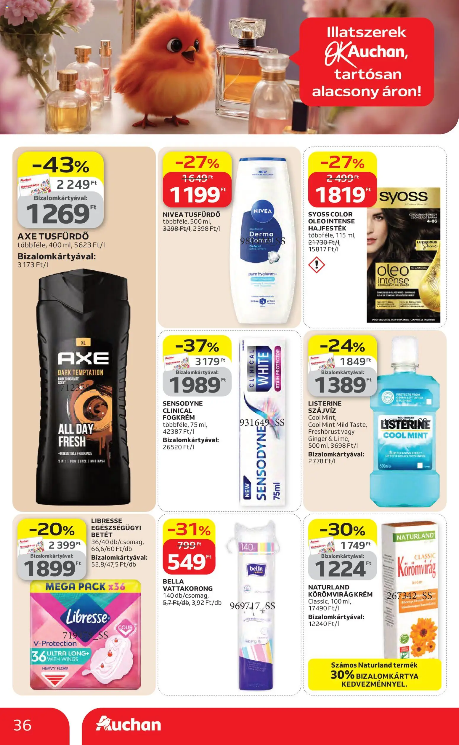 Auchan akciós ujság - amely érvényes a következő dátumtól: 16.04.2026 | Oldal: 36 | Termékek: Hajfesték, Vattakorong, Tusfürdő, Szájvíz