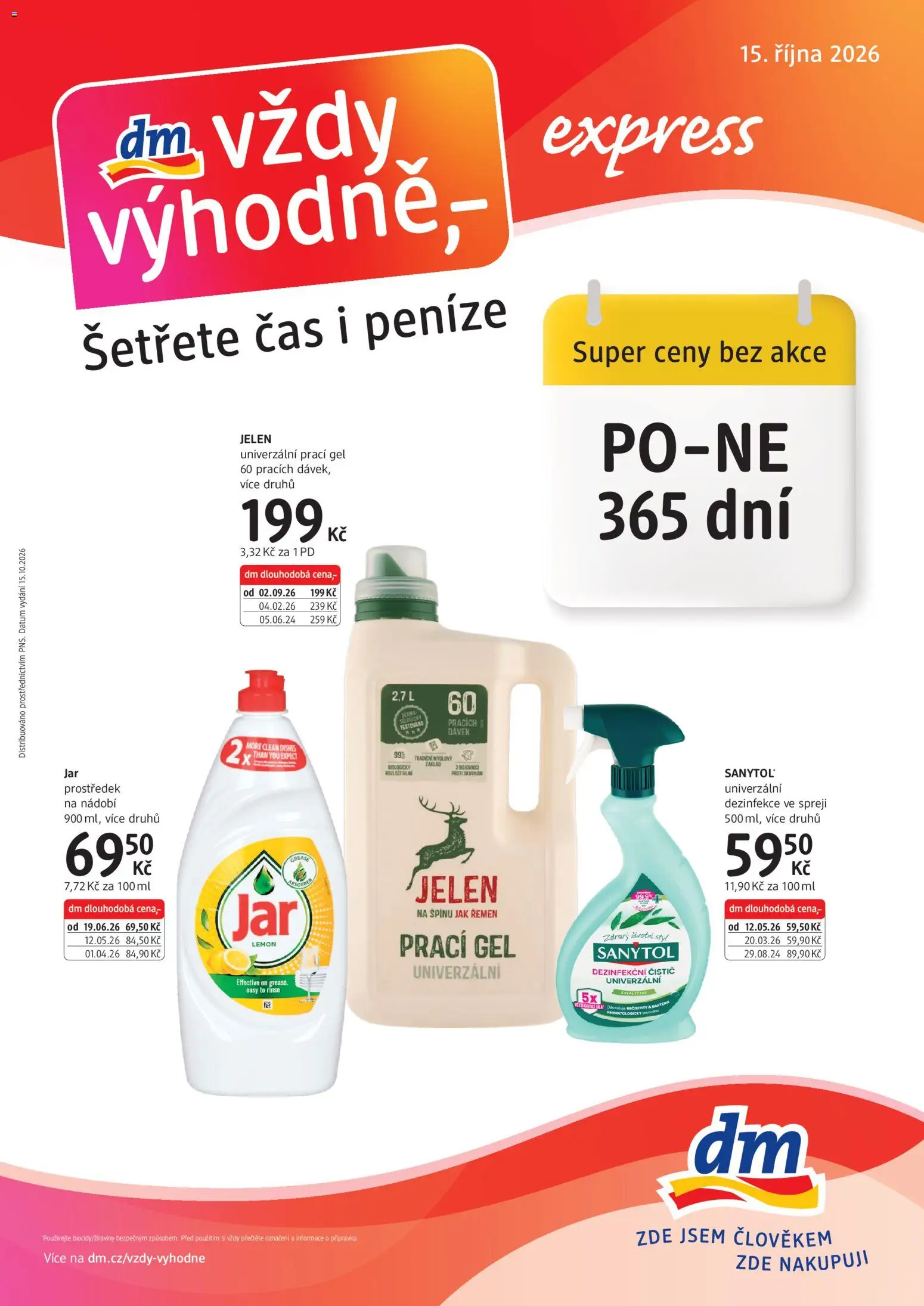 dm drogerie leták - Express od 15.10.2026 | Strana: 1 | Produkty: Prací gel, Nádobí, Jelen, Sanytol