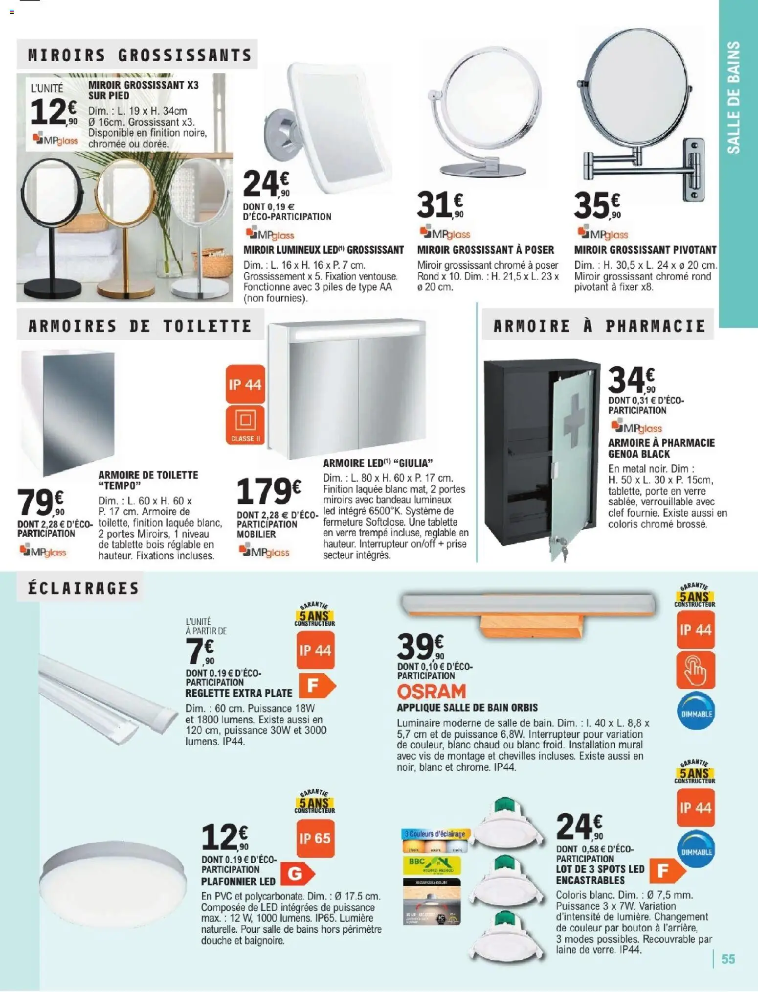{H1} | Page: 55 | Produits: Miroir grossissant, Portes, Douche, Miroir