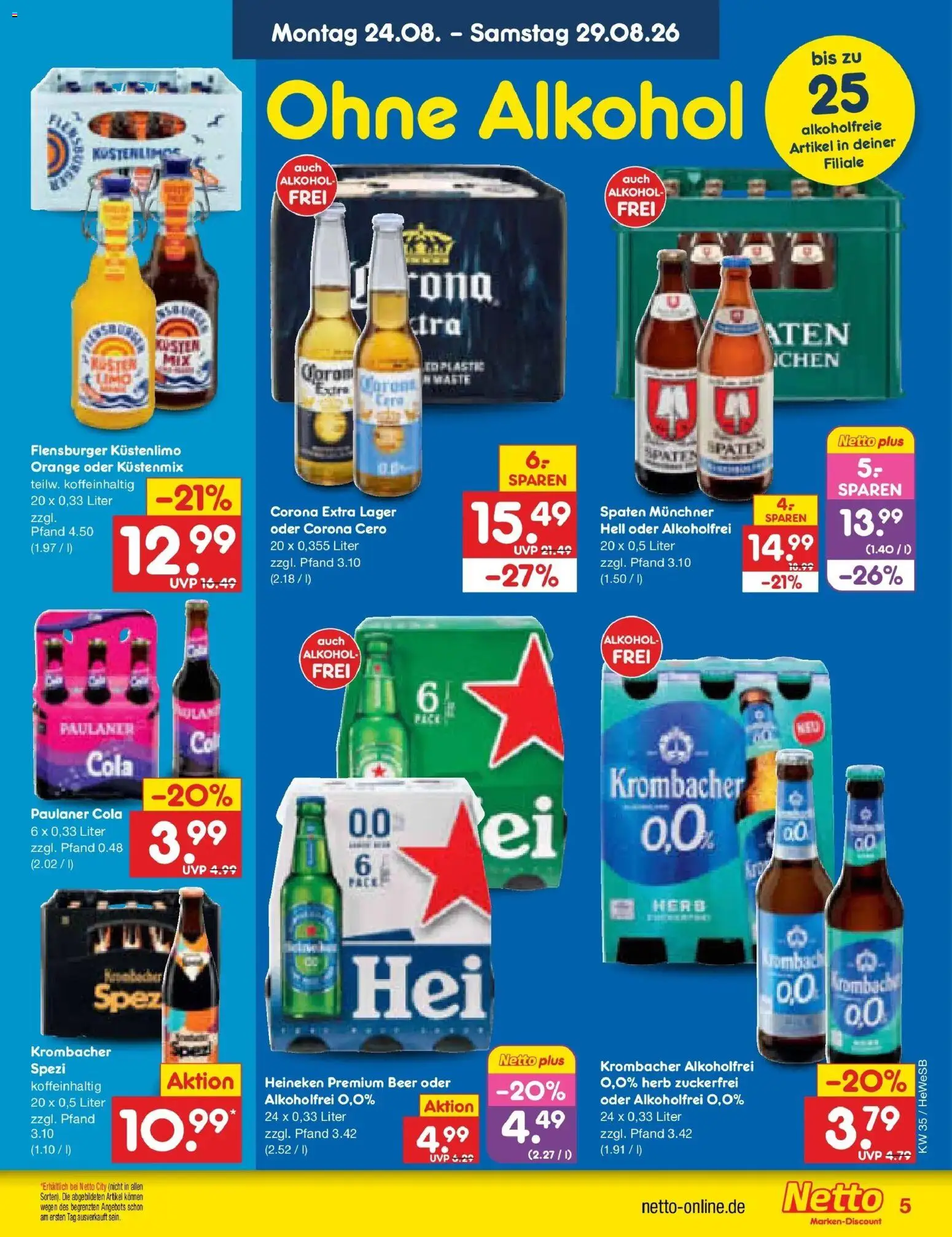 Netto Marken-Discount Prospekt Hamburg (ab 24.08.2026) » Angebote | Seite: 5 | Produkte: Cola, Krombacher alkoholfrei, Heineken, Alkohol