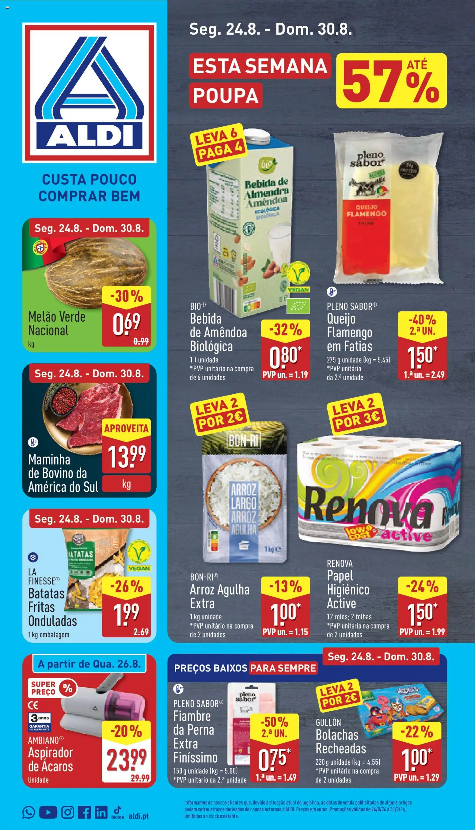 Aldi folheto │ válido de 24/08/2026 | Página: 1 | Produtos: Papel higiénico, Aspirador, Bolachas, Arroz