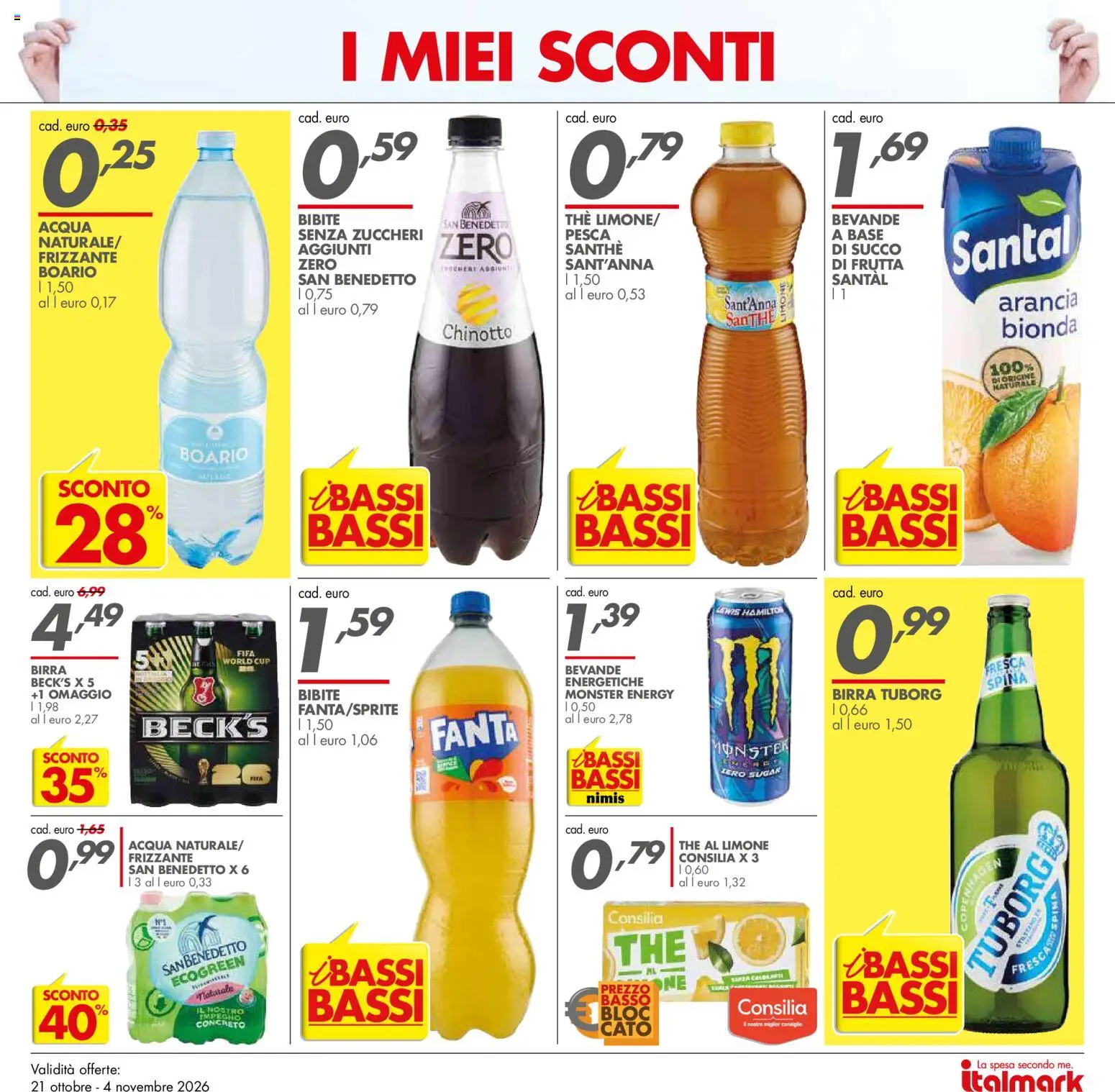 Volantino Italmark del 21/10/2026 | Pagina: 16 | Prodotti: Birra Tuborg, Succo, Chinotto, The