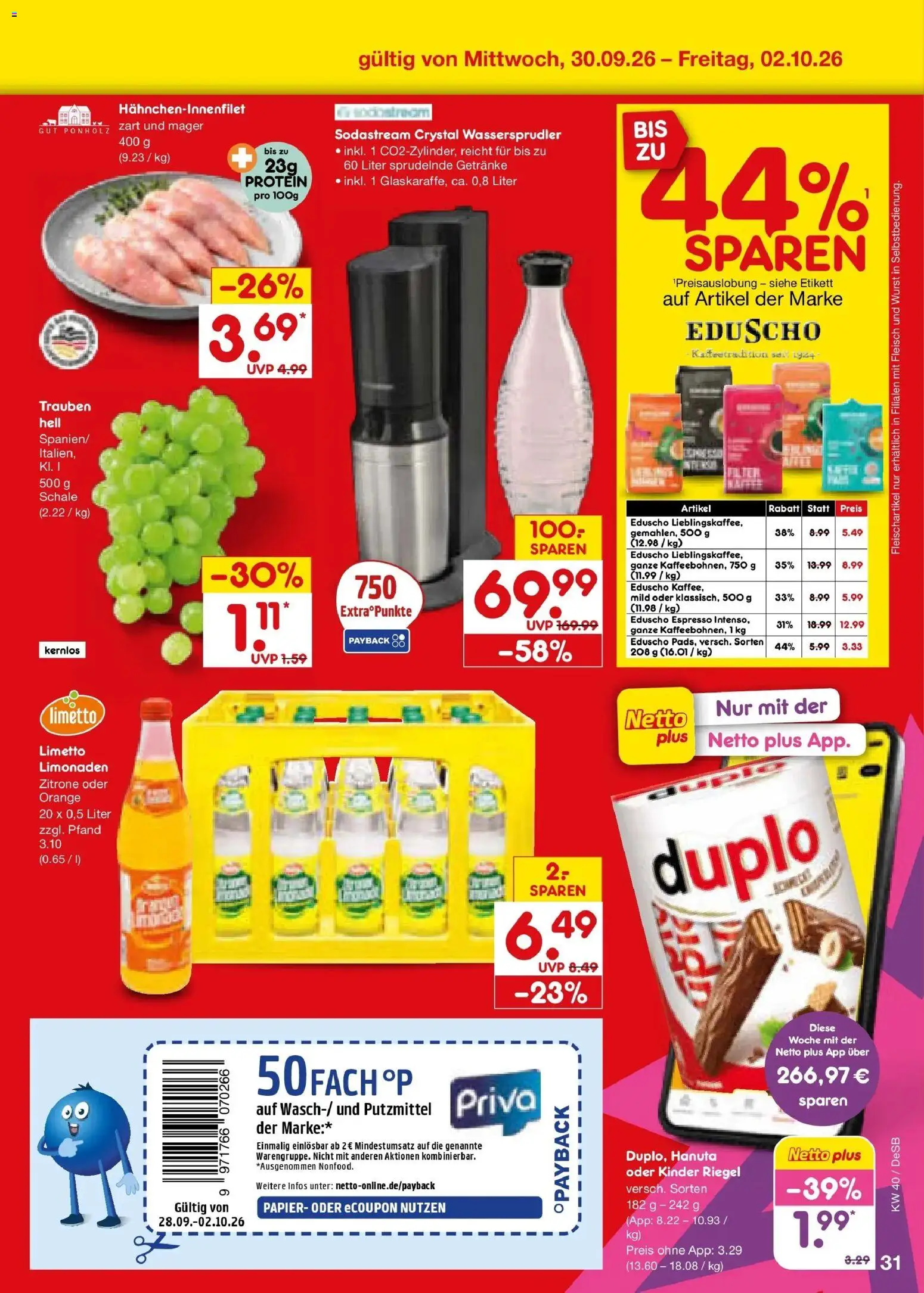 Netto Marken-Discount Prospekt Waiblingen-Bittenfeld – gültig ab 28.09.2026 | Seite: 49 | Produkte: Trauben, Kinder riegel, Fleisch, Eduscho