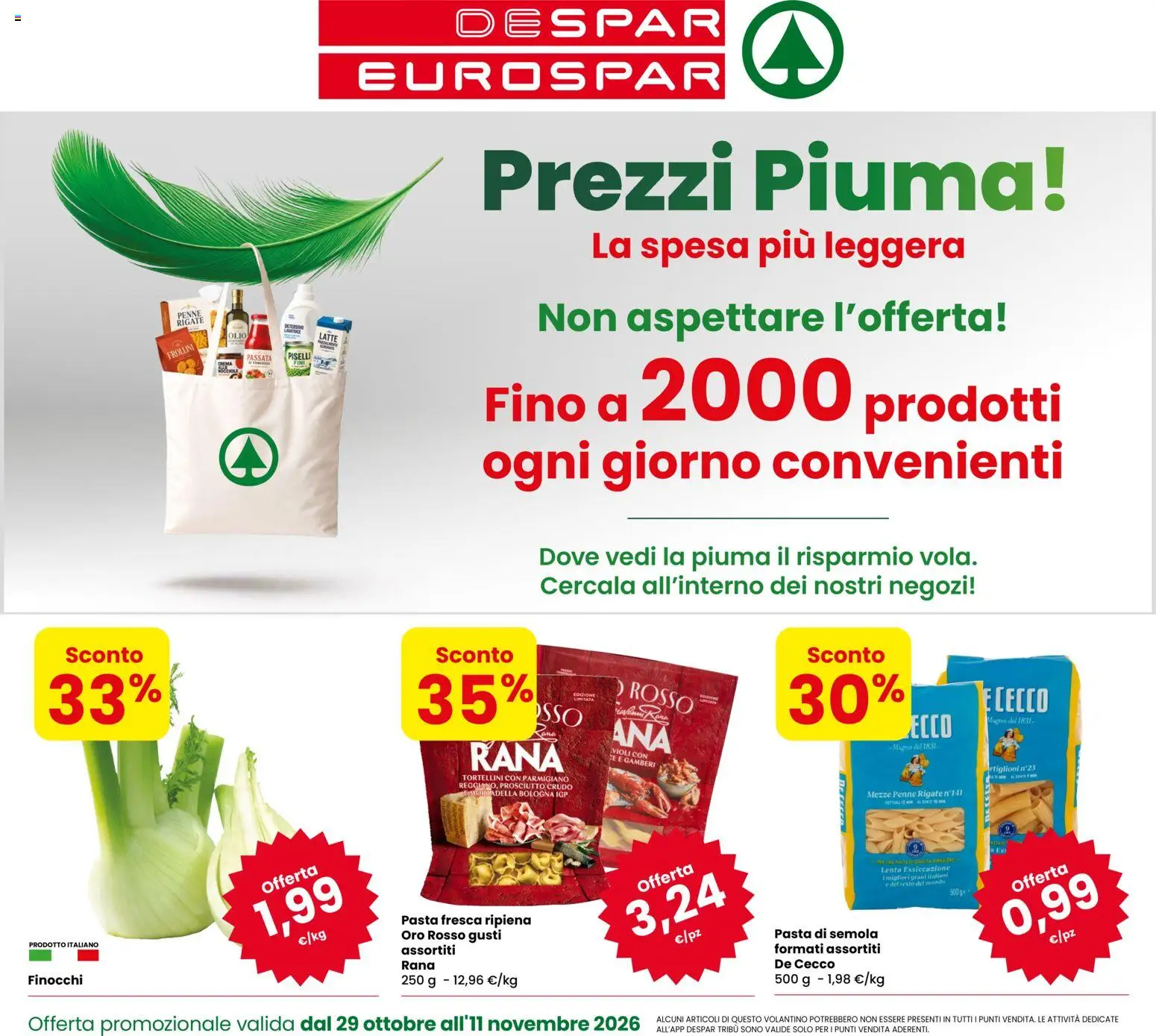 Volantino Eurospar del 29/10/2026 | Pagina: 1 | Prodotti: Prosciutto Crudo, Pasta, Frollini, Penne